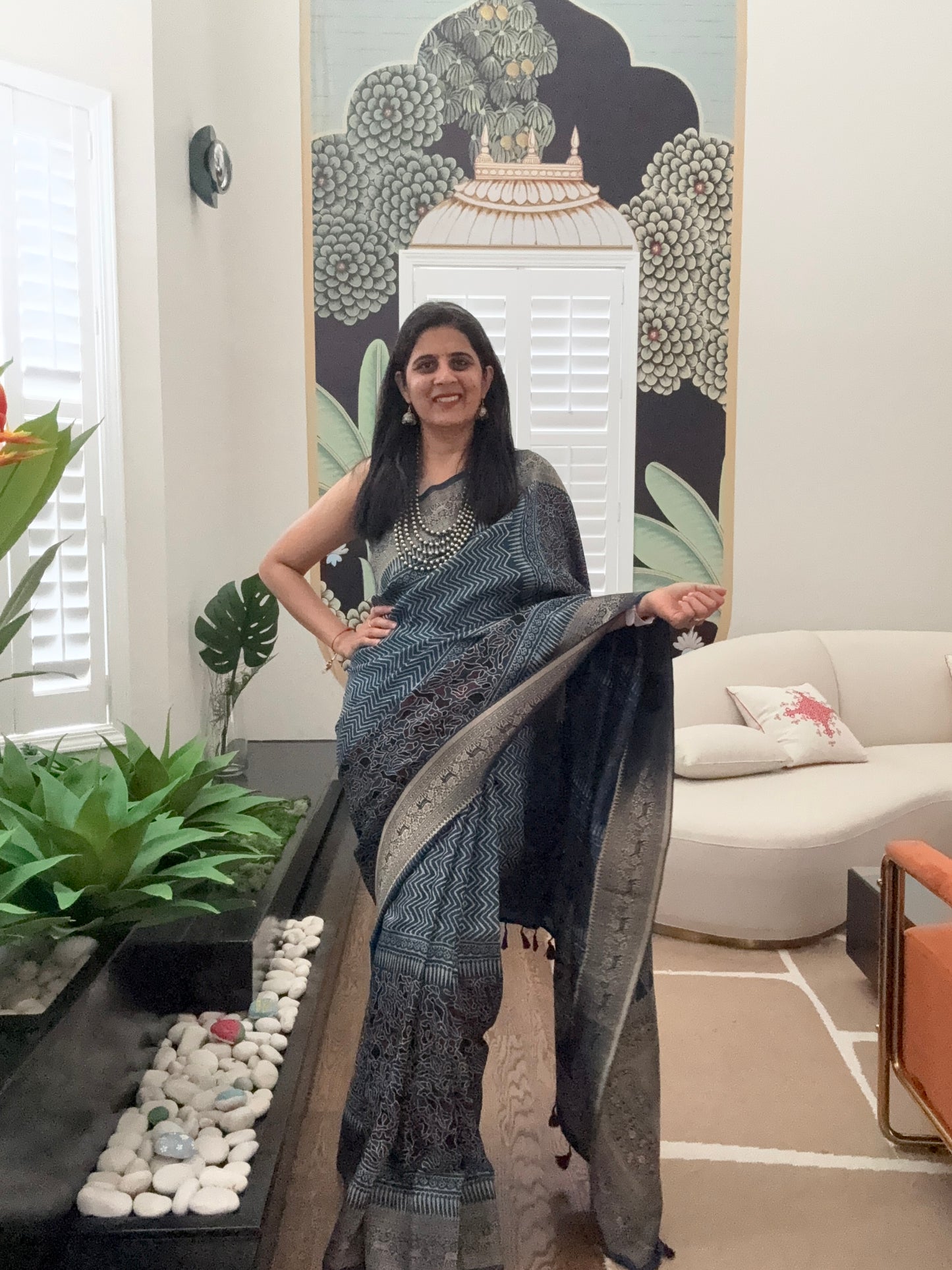 Ajarakh Natural Color Dyed hand block printed Saree on Dola Silk- Blue