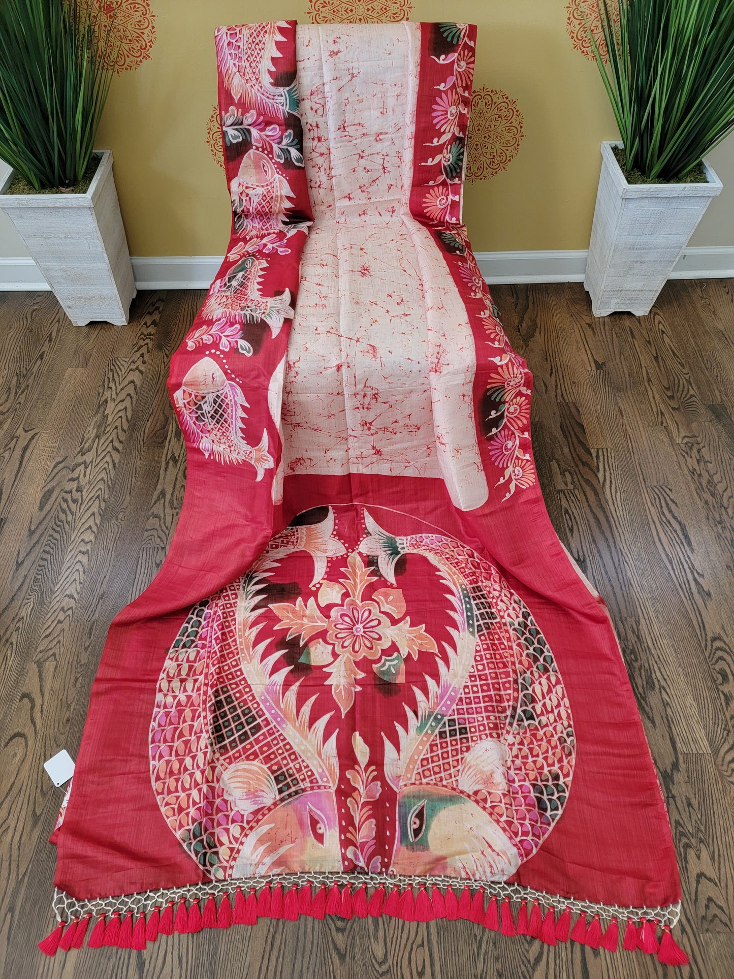 Hand Batik Saree on Katan Silk - Red & White