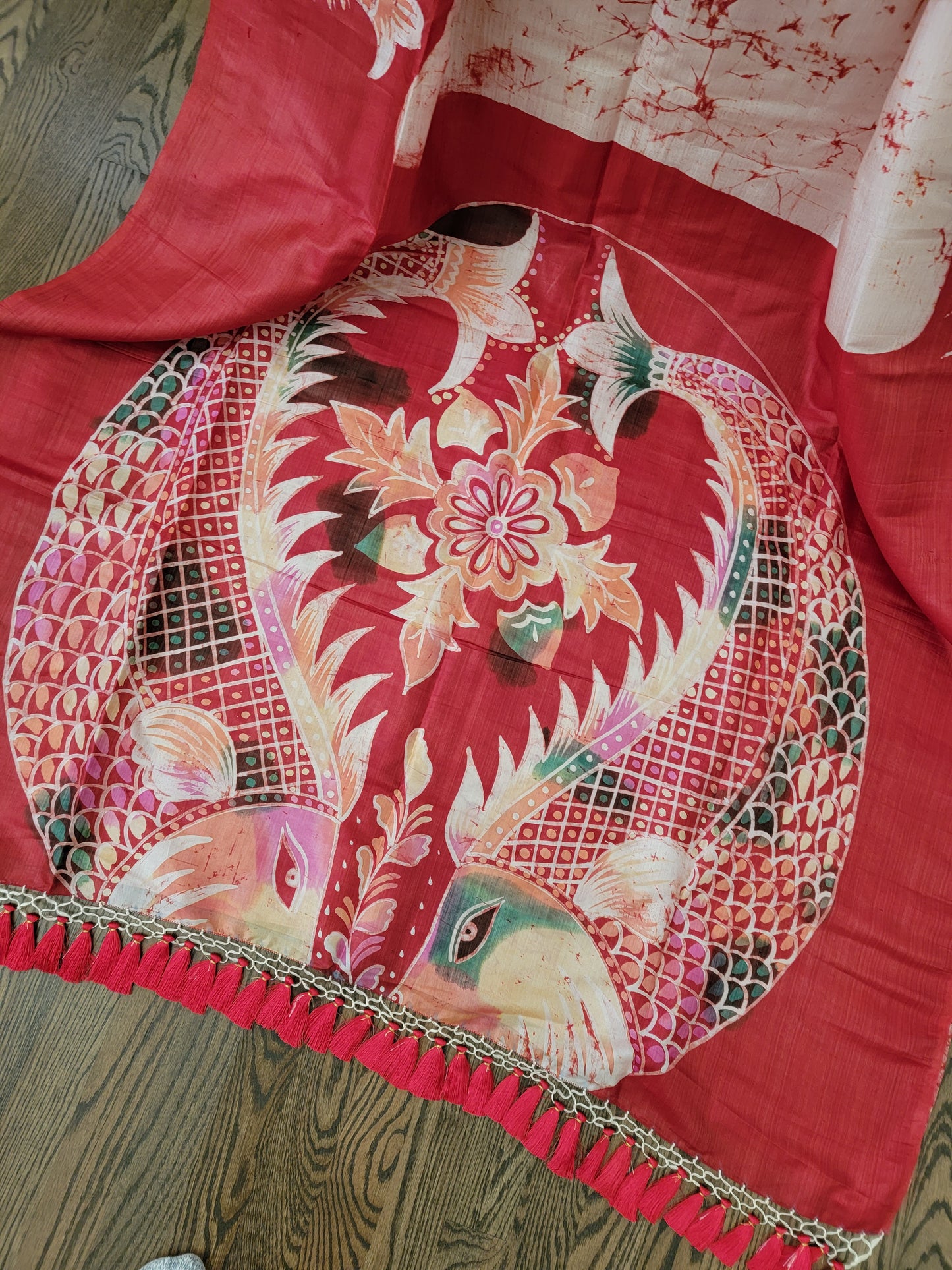 Hand Batik Saree on Katan Silk - Red & White