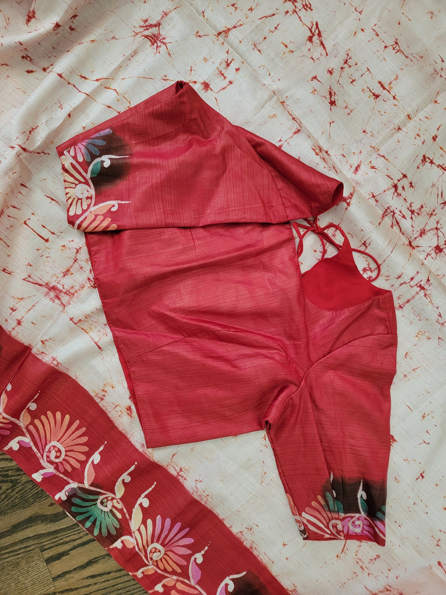 Hand Batik Saree on Katan Silk - Red & White