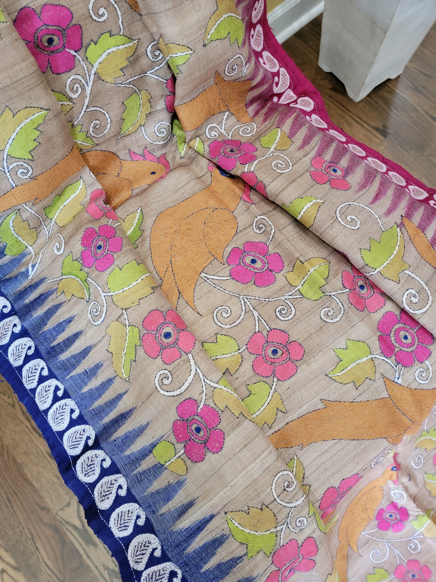 Hand Embroidery Kantha Saree on Tusser Silk