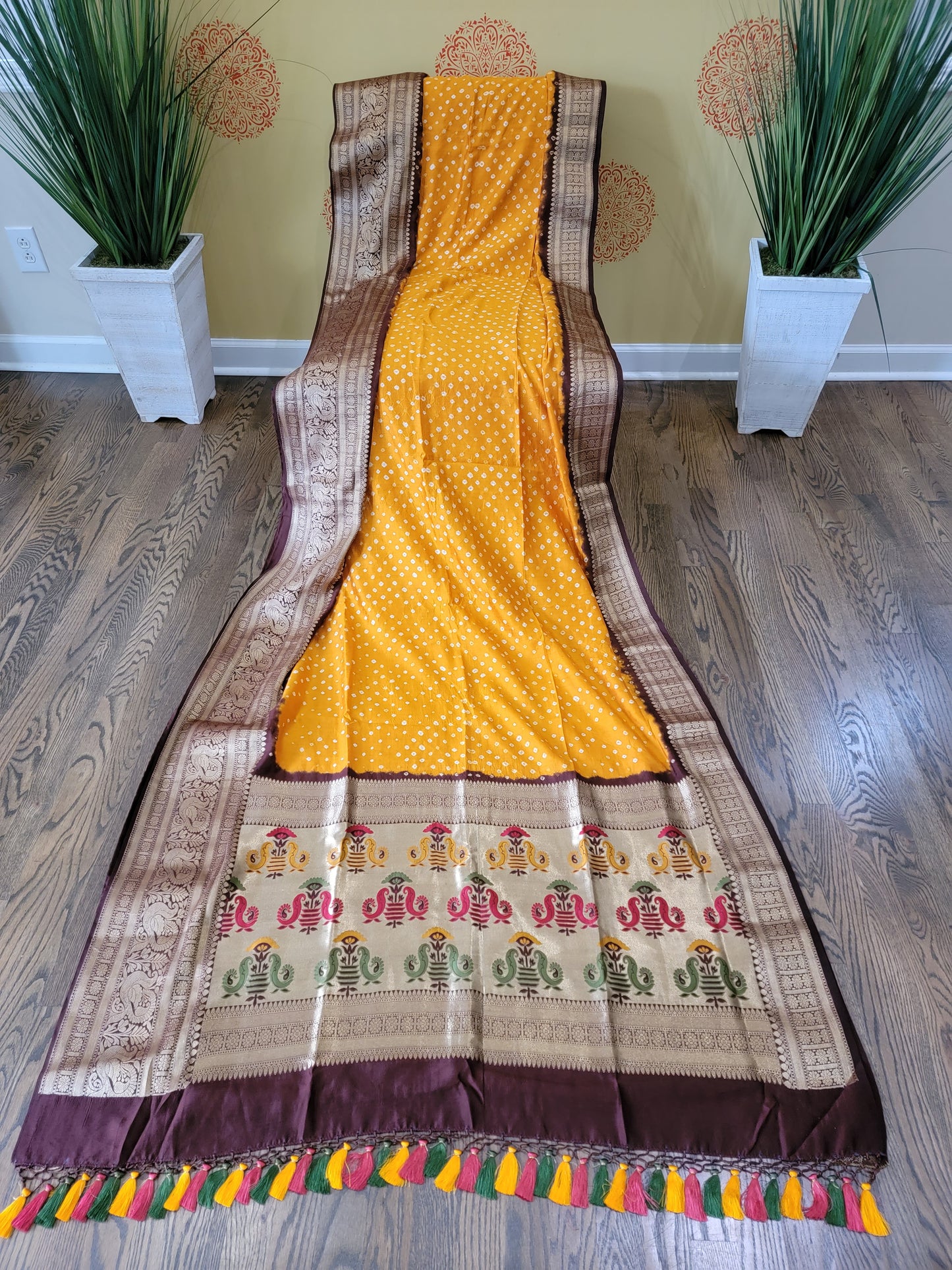 Kanjivaram Bandhej Saree - Mustard Yellow
