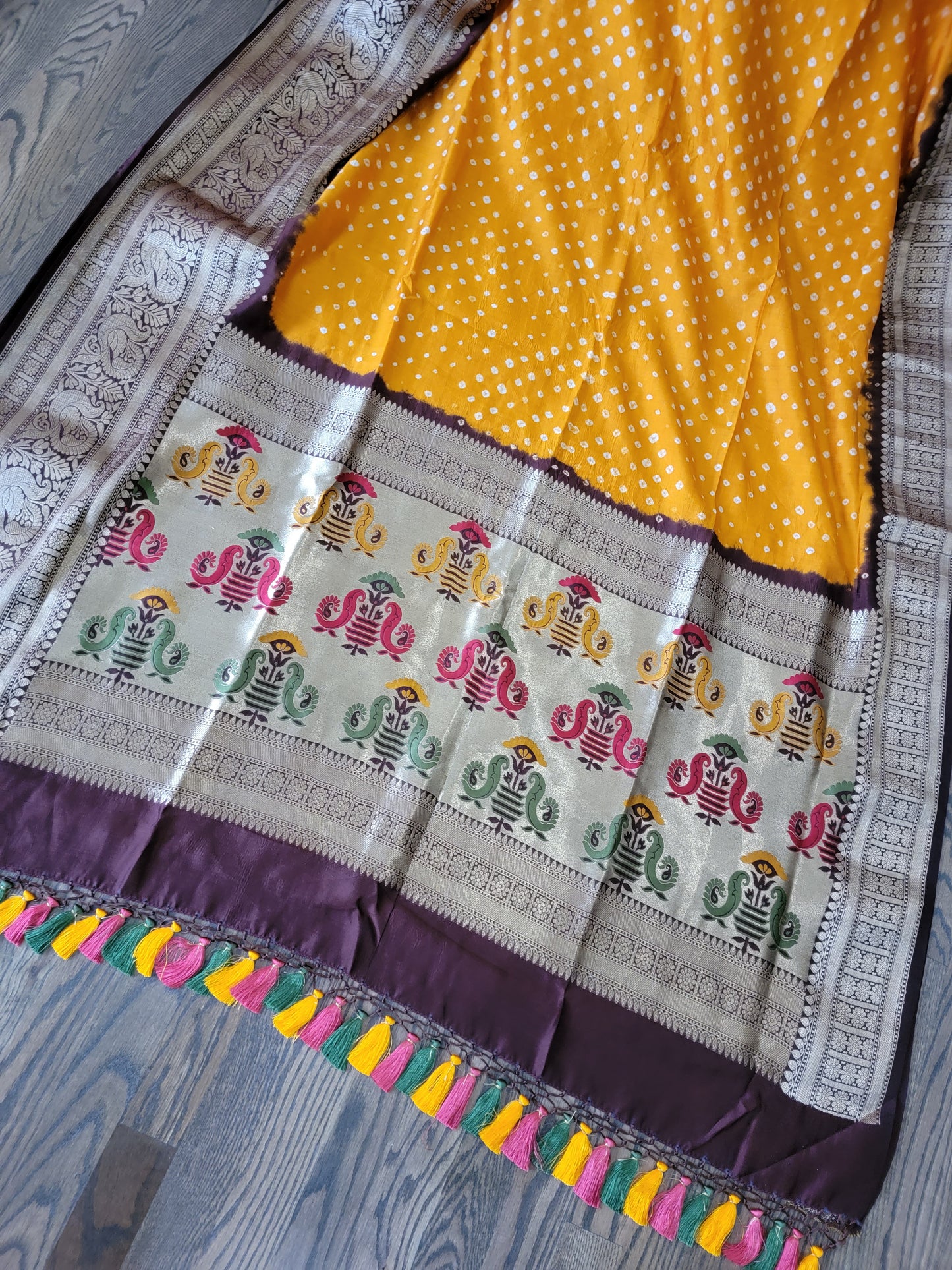 Kanjivaram Bandhej Saree - Mustard Yellow