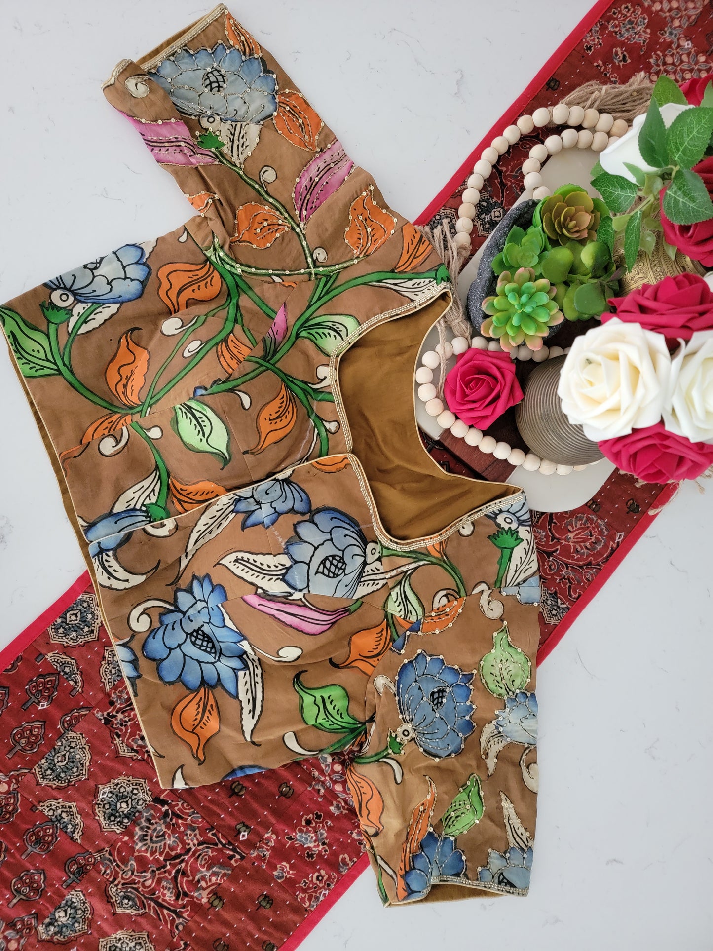 Hand Painted Kalamkari Maggam Work Blouse - Brown