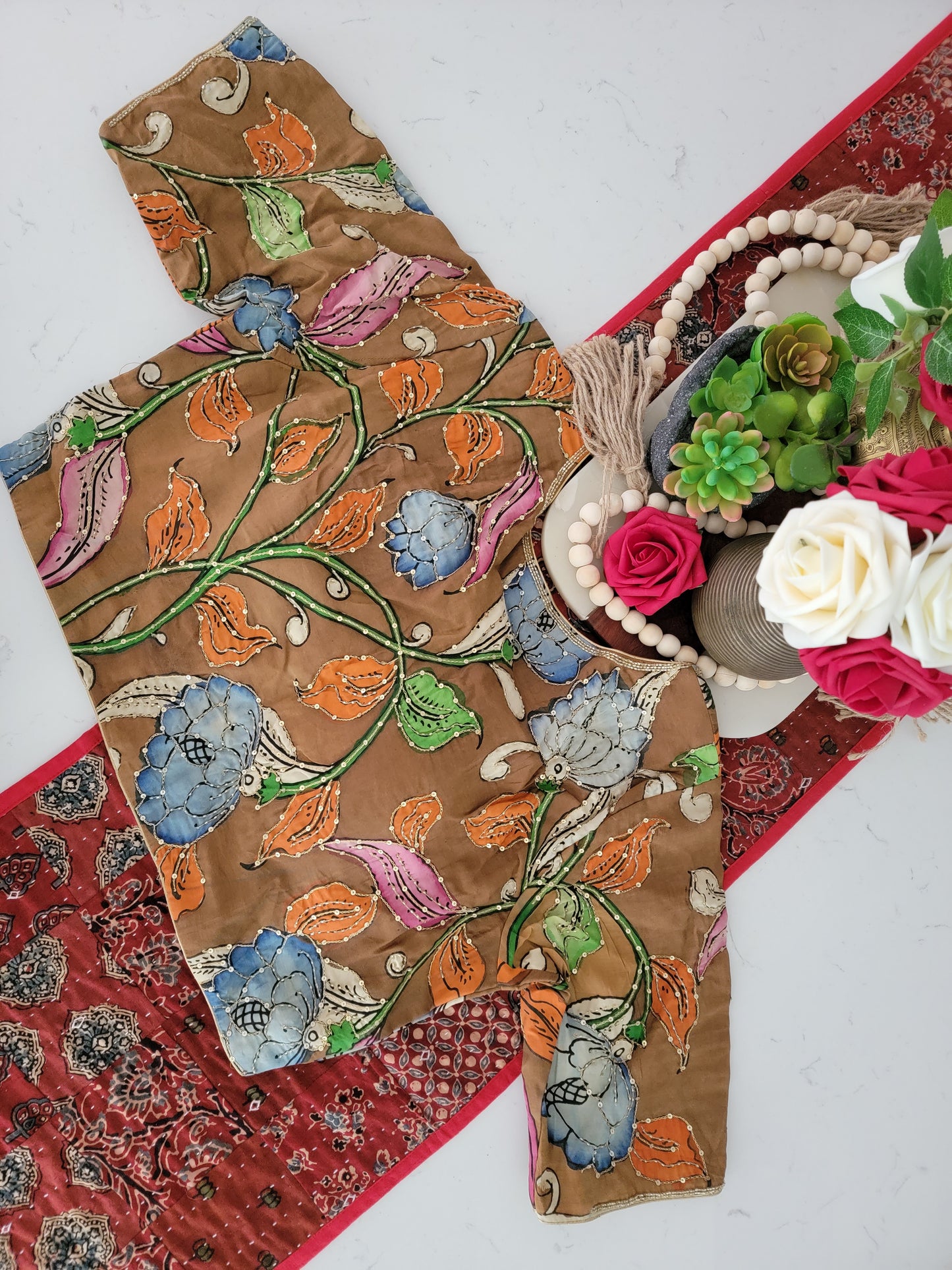 Hand Painted Kalamkari Maggam Work Blouse - Brown