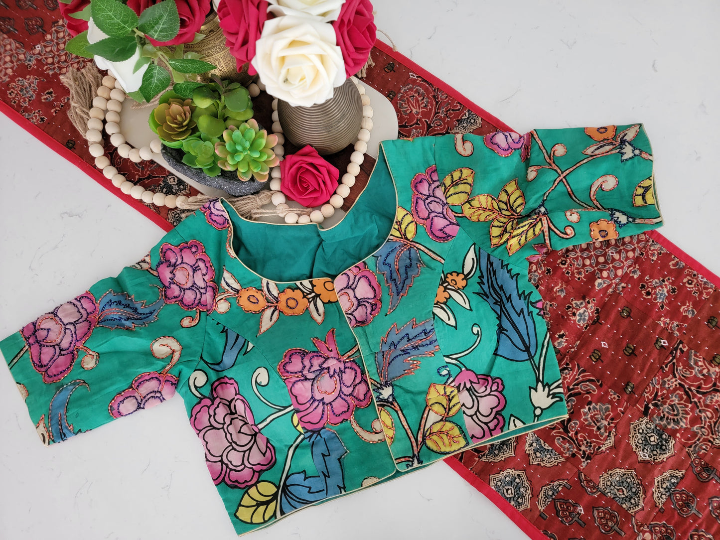Hand Painted Kalamkari Maggam Work Blouse - Green