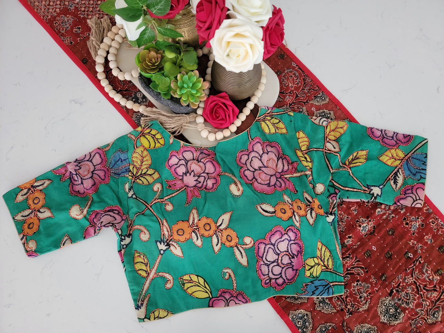 Hand Painted Kalamkari Maggam Work Blouse - Green