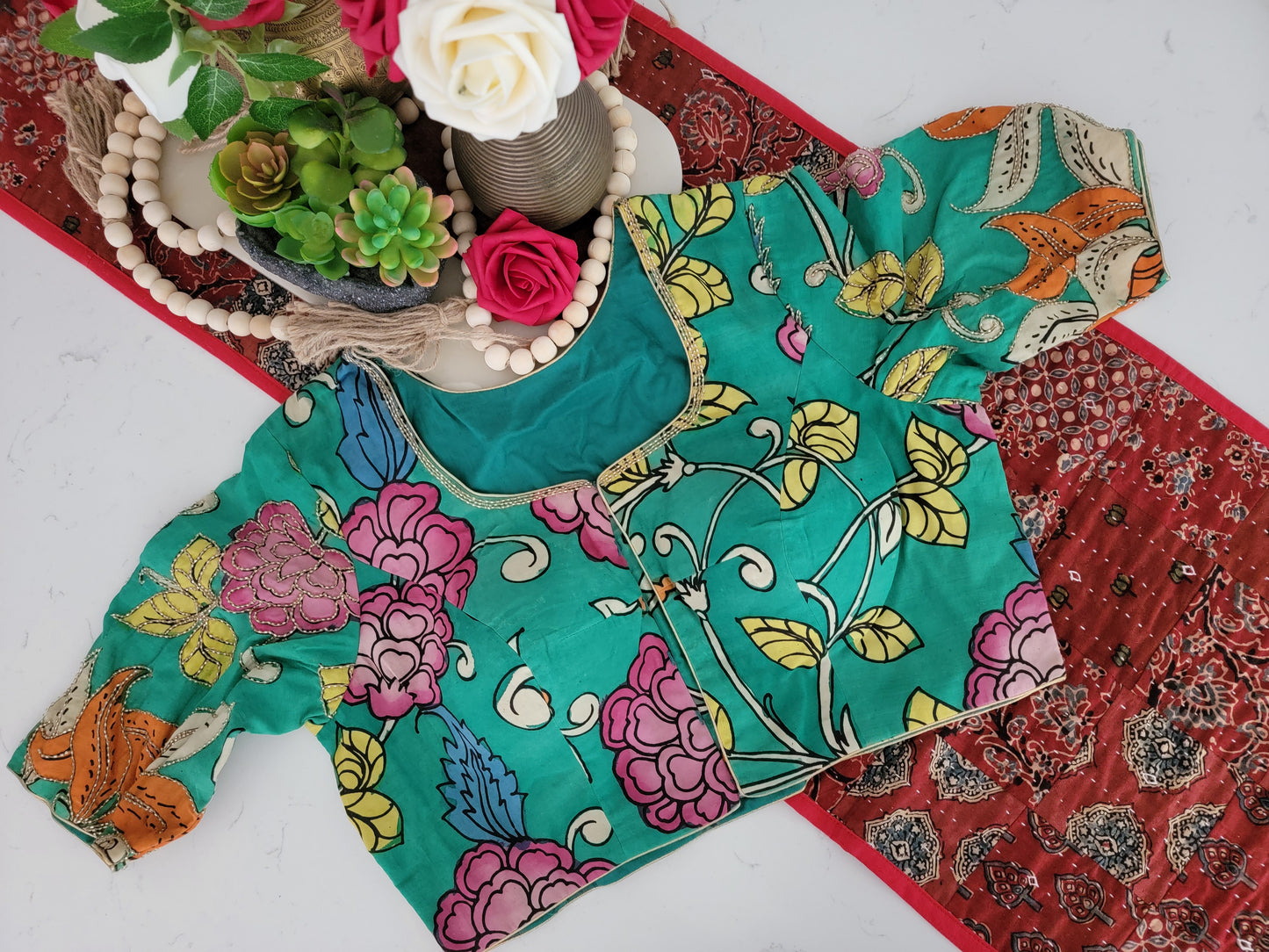 Hand Painted Kalamkari Maggam Work Blouse - Green