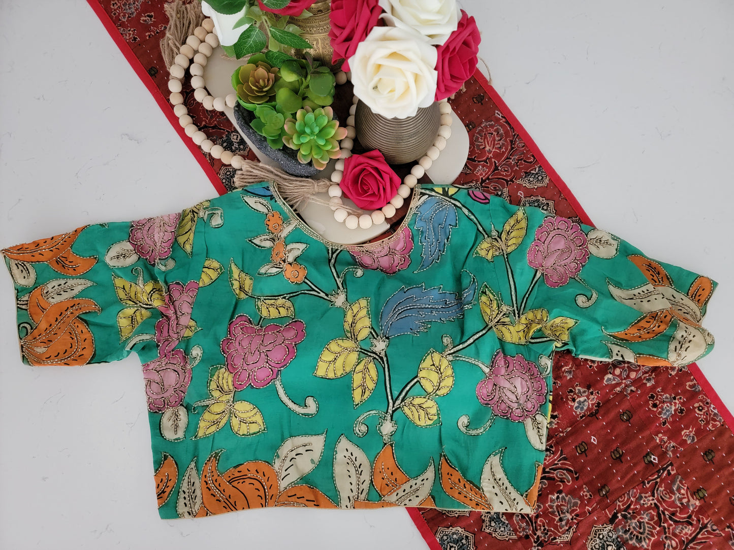 Hand Painted Kalamkari Maggam Work Blouse - Green