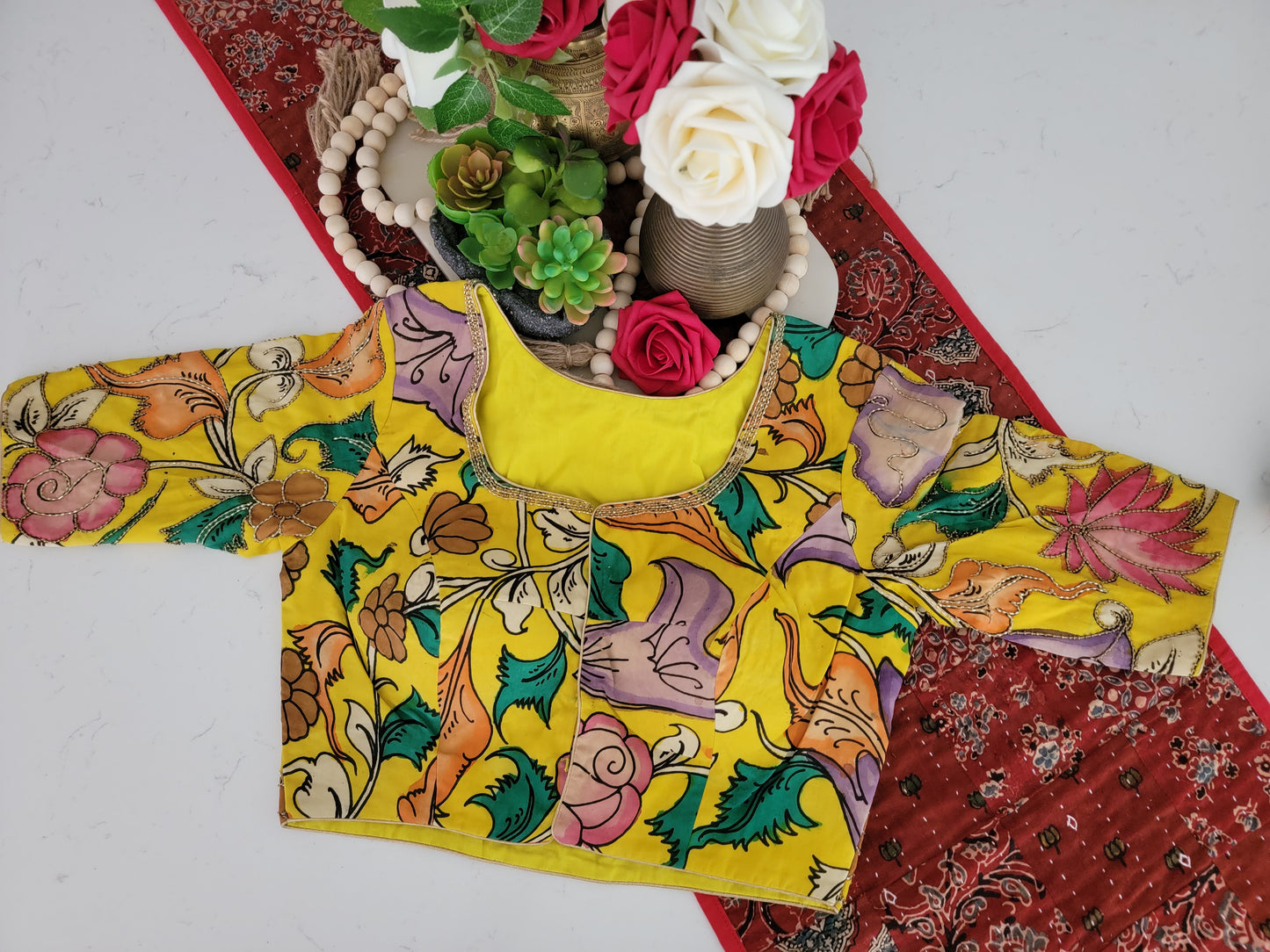 Hand Painted Kalamkari Maggam Work Blouse - Yellow