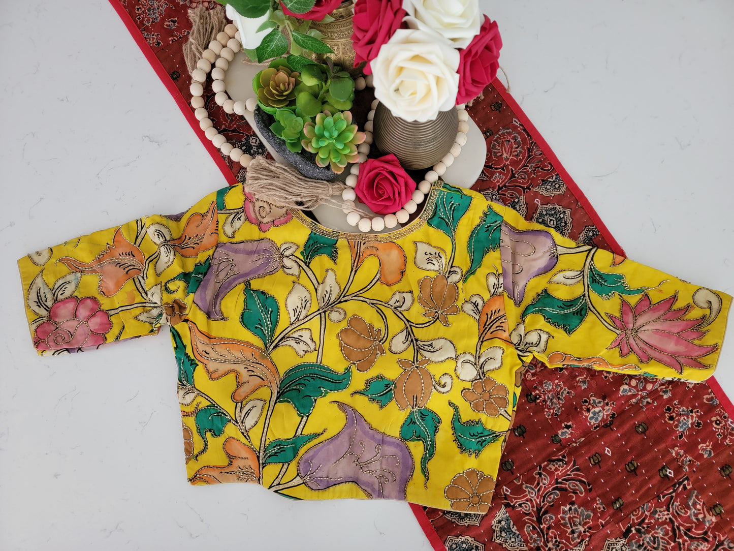 Hand Painted Kalamkari Maggam Work Blouse - Yellow