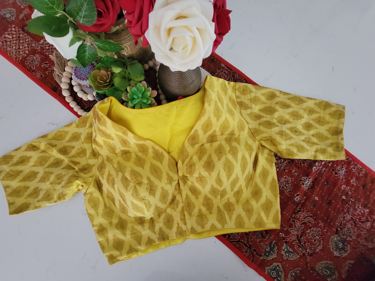 Raw Silk Ikkat Blouse - Lime Yellow