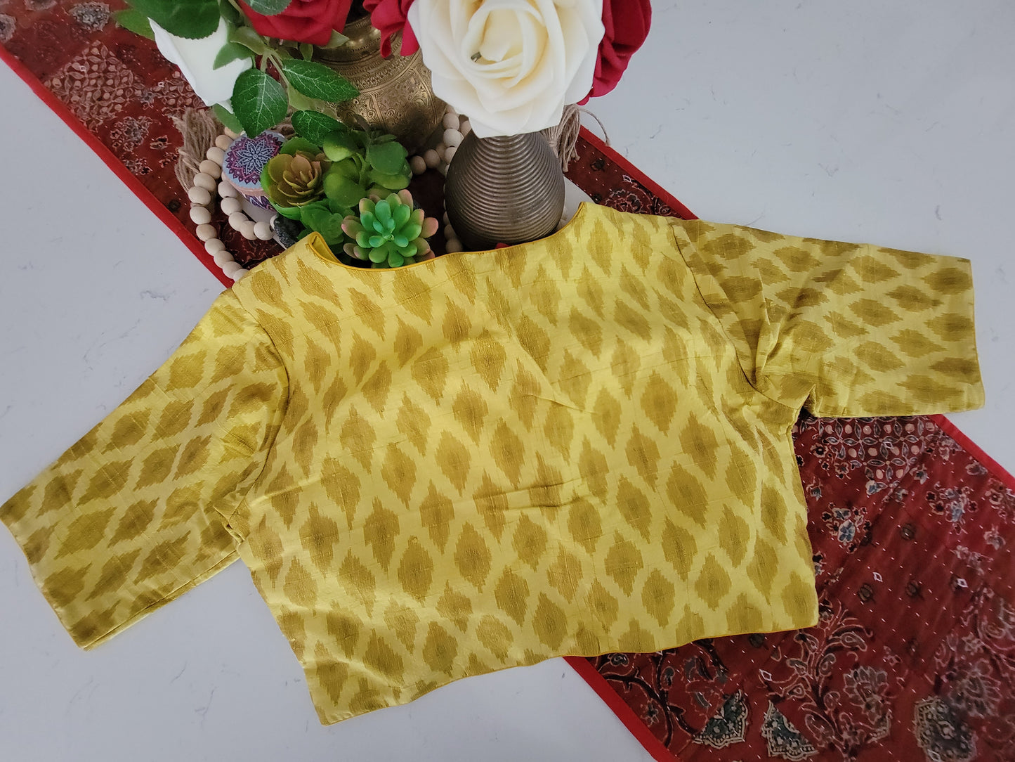 Raw Silk Ikkat Blouse - Lime Yellow