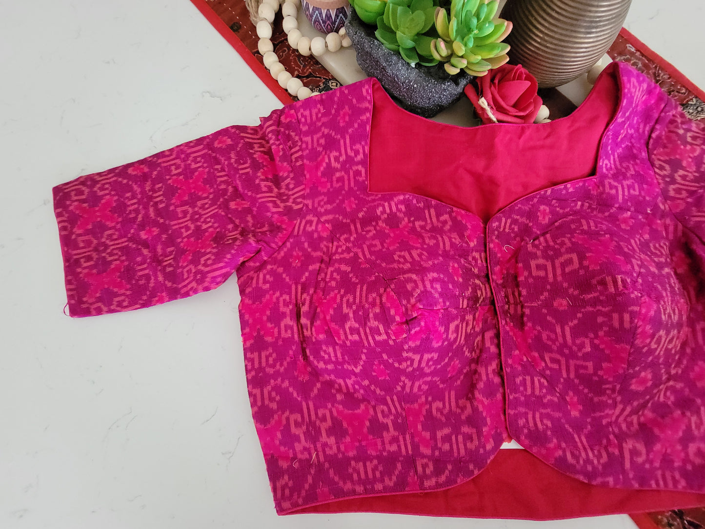 Raw Silk Ikkat Blouse - Magenta