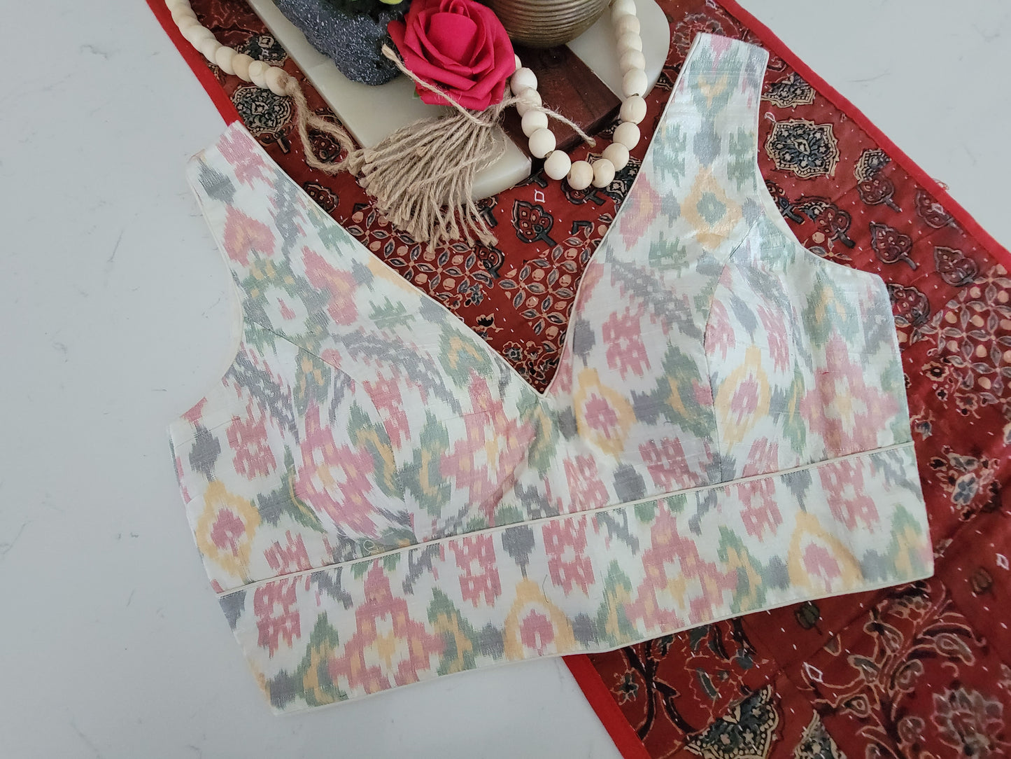 Raw Silk Ikkat Blouse - White