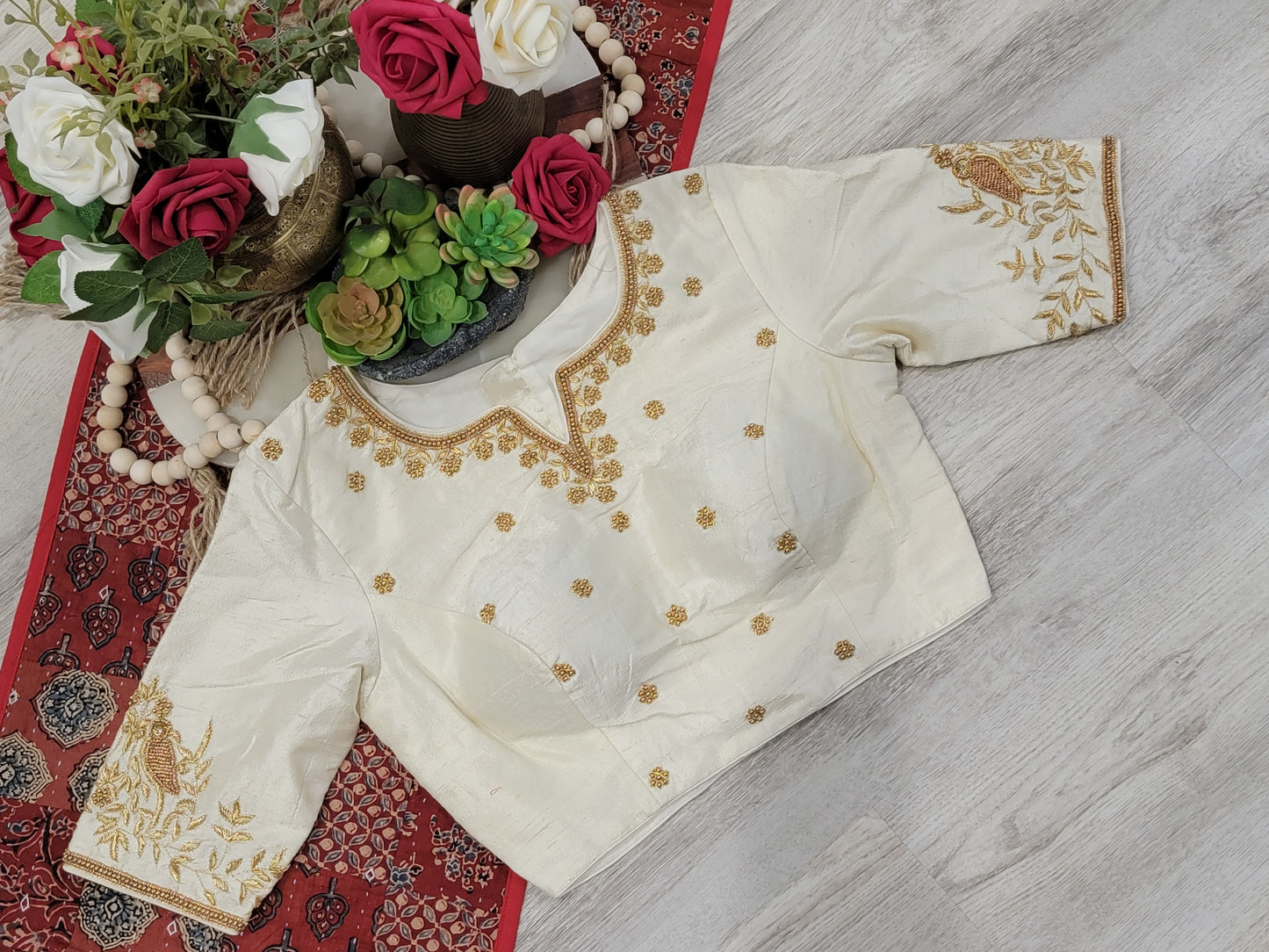 Raw Silk Maggam Work Blouse - Beige