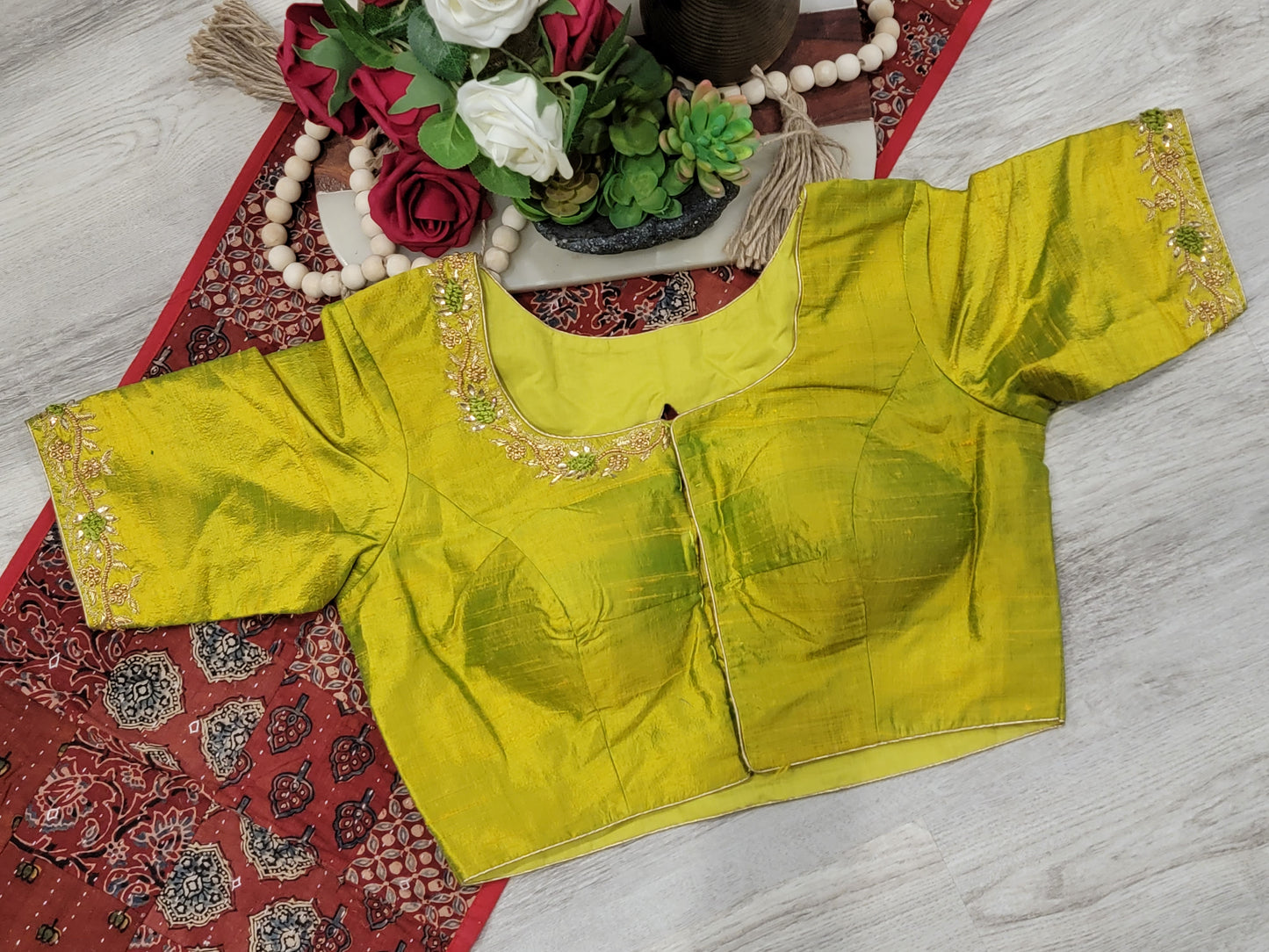 Raw Silk Maggam Work Blouse - Neon Yellow