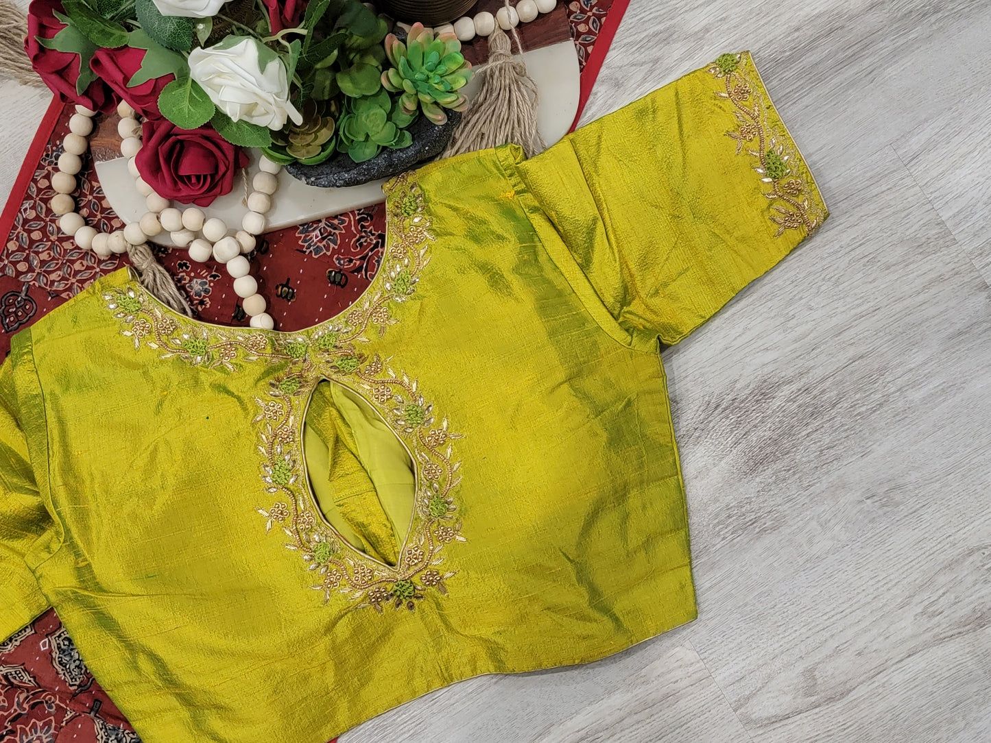 Raw Silk Maggam Work Blouse - Neon Yellow