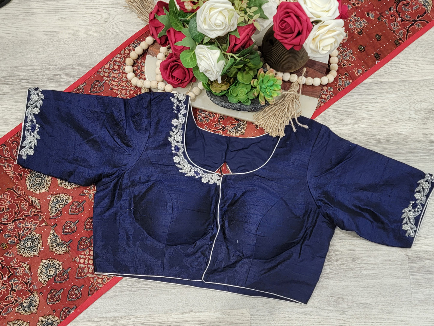 Raw Silk Maggam work Blouse - Navy Blue