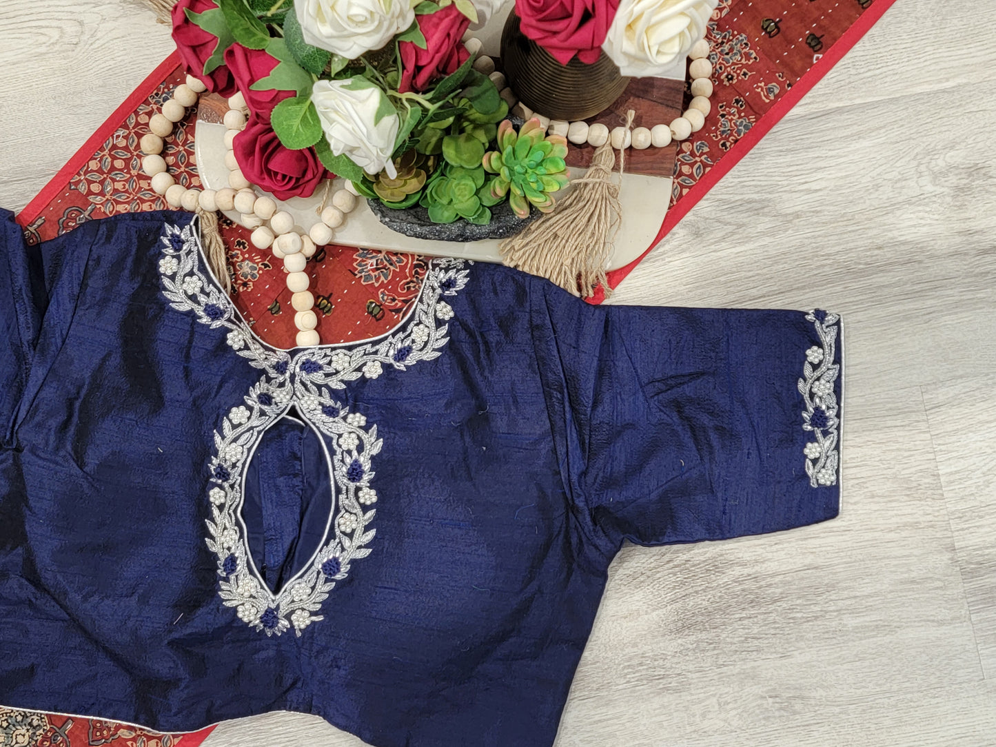Raw Silk Maggam work Blouse - Navy Blue