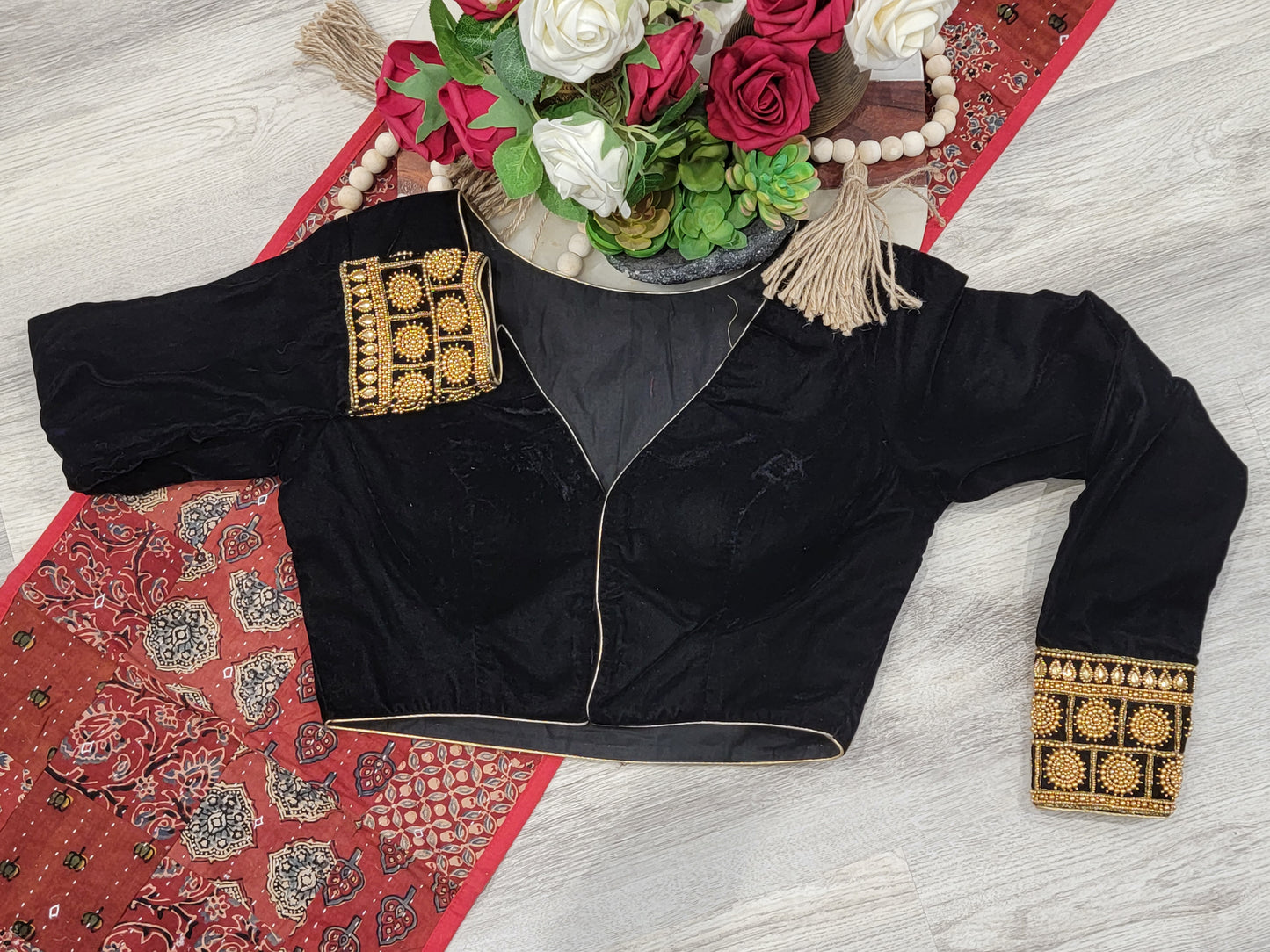 Velvet Maggam Work Blouse - Black