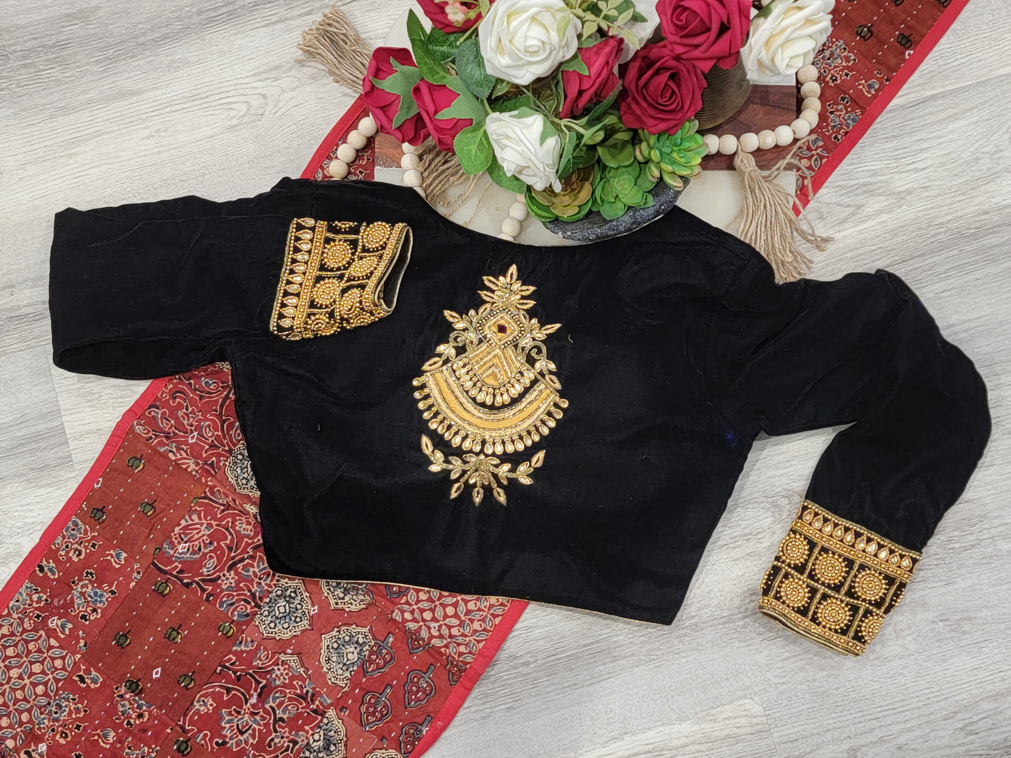 Velvet Maggam Work Blouse - Black