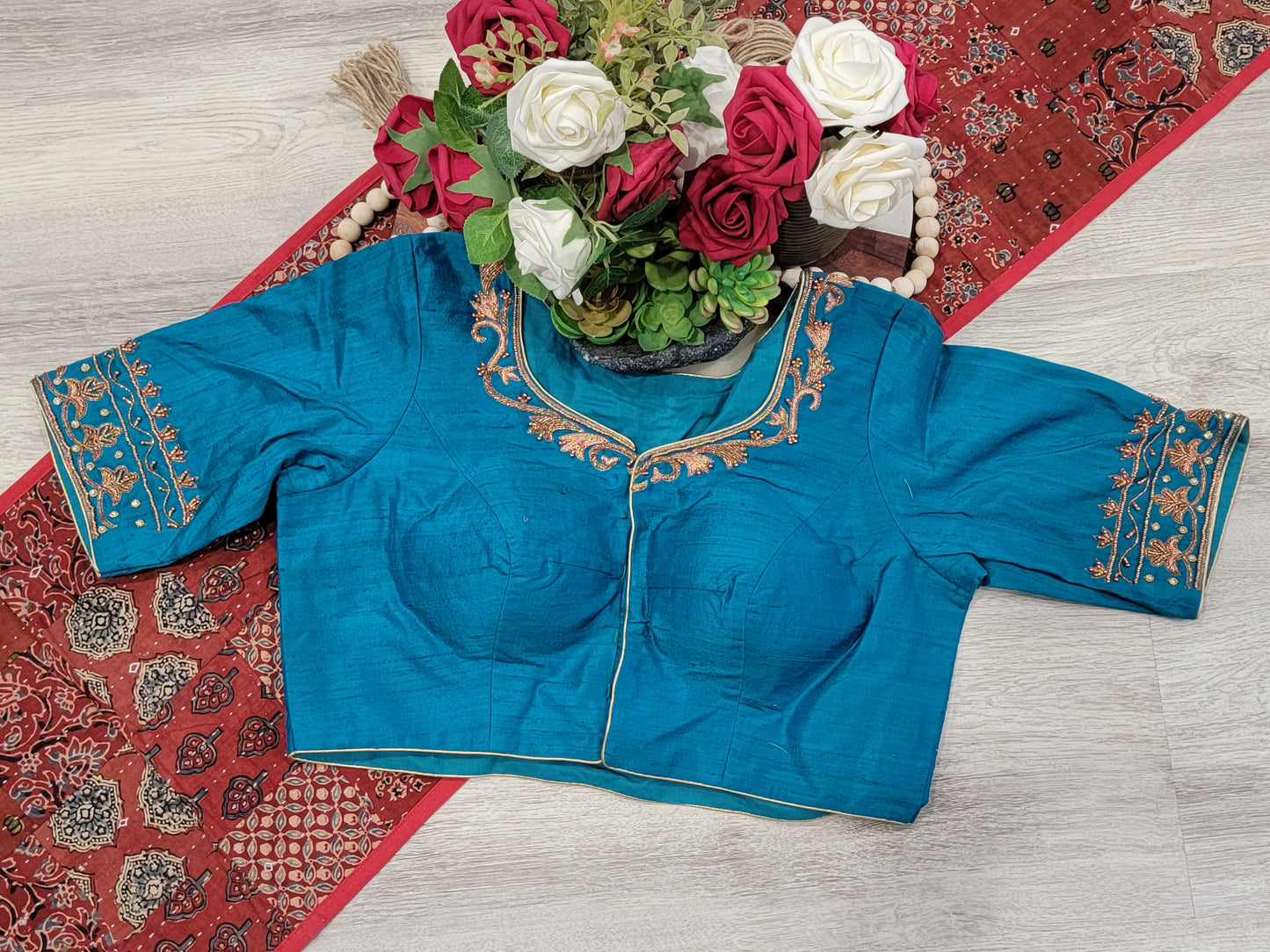 Raw Silk Maggam work Blouse - Peacock Blue