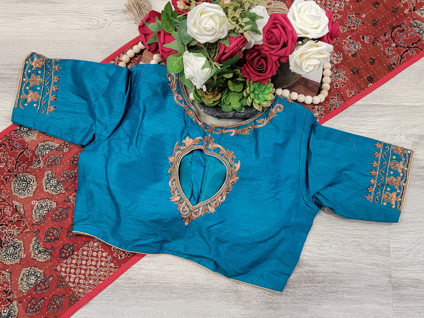 Raw Silk Maggam work Blouse - Peacock Blue