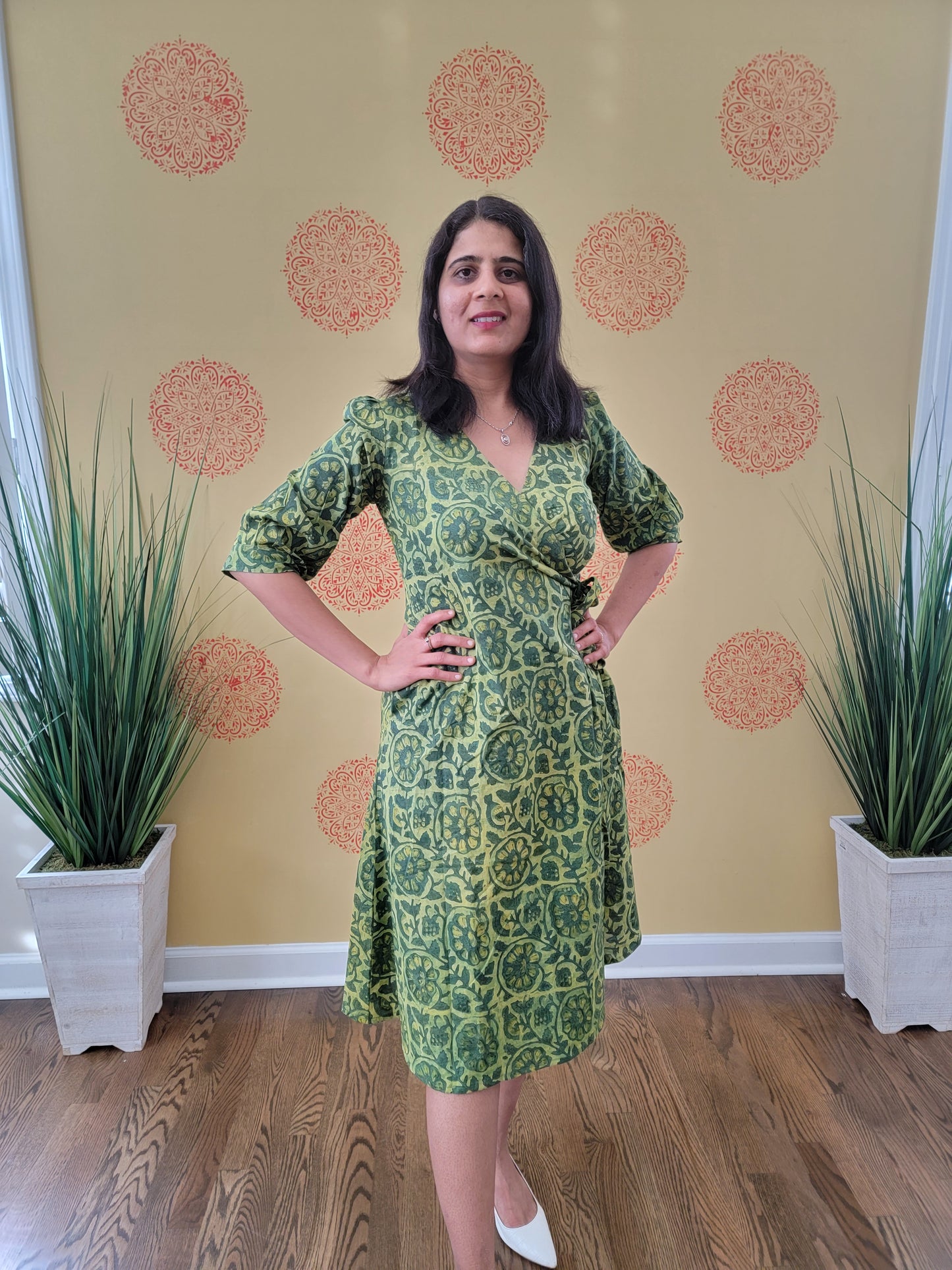 Handblock printed Wrap Dress - Green
