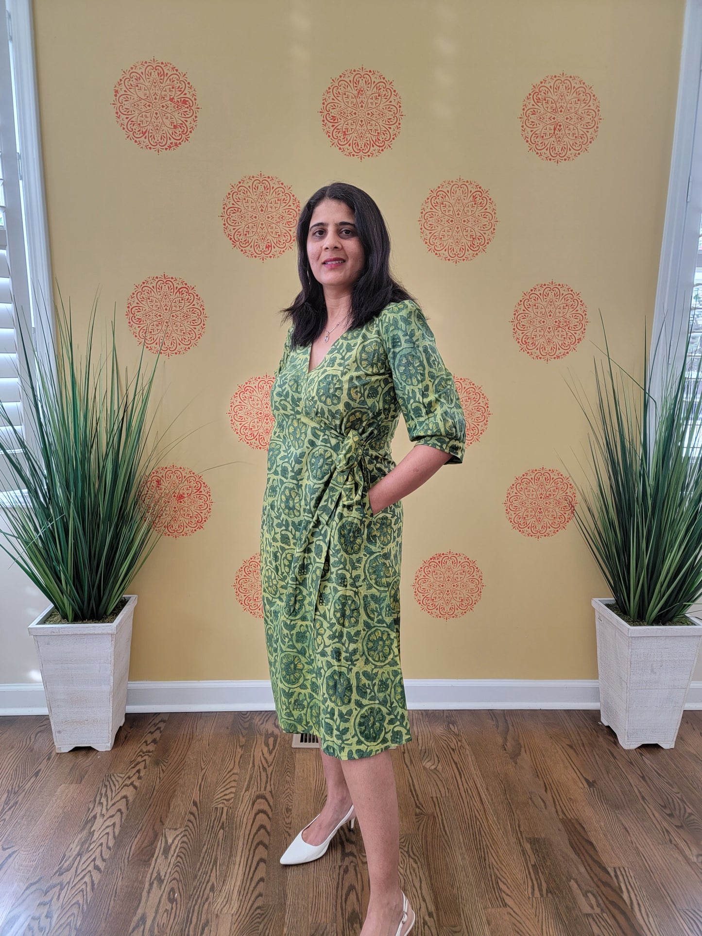 Handblock printed Wrap Dress - Green