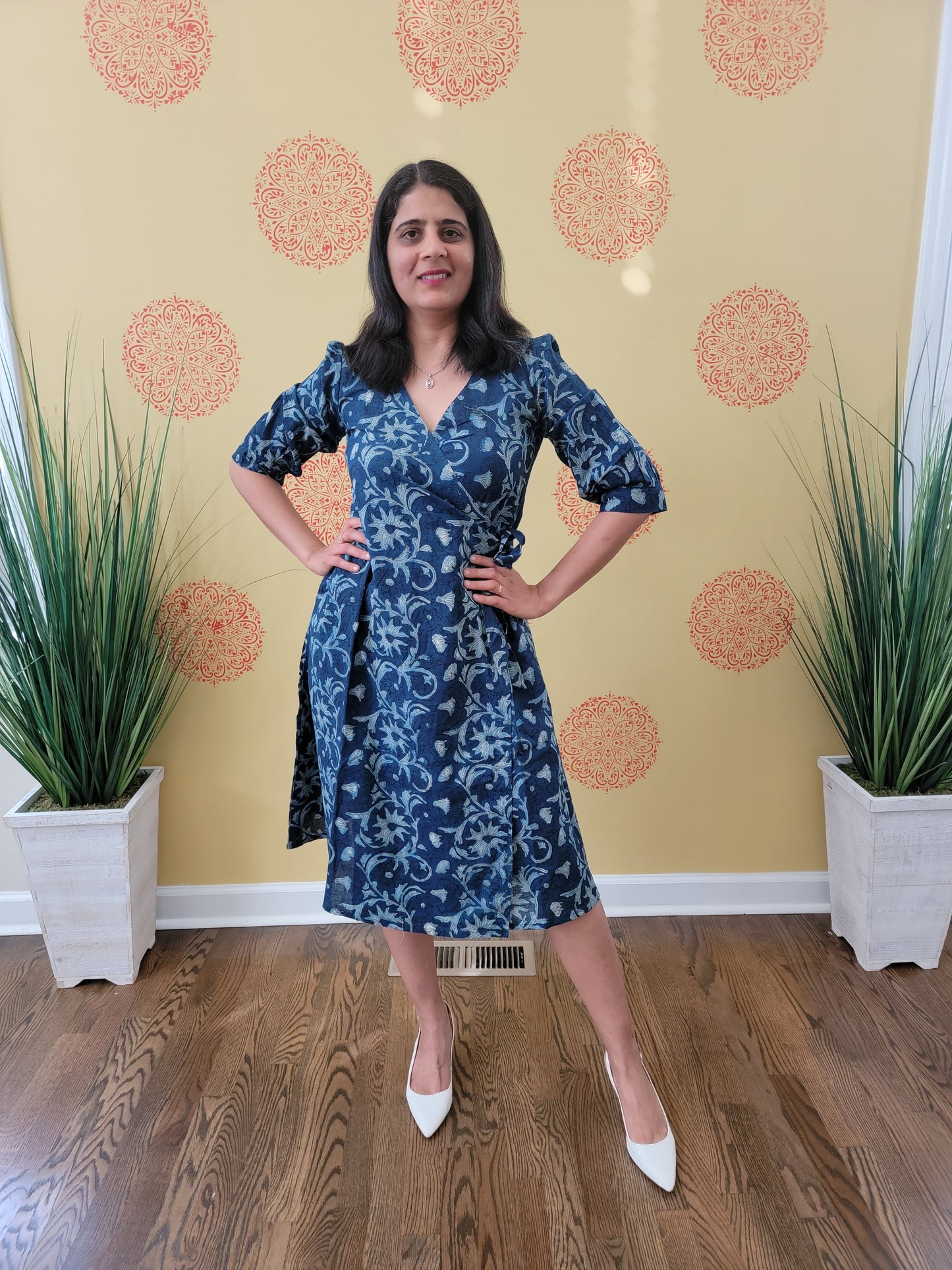 Handblock printed Wrap Dress - Indigo