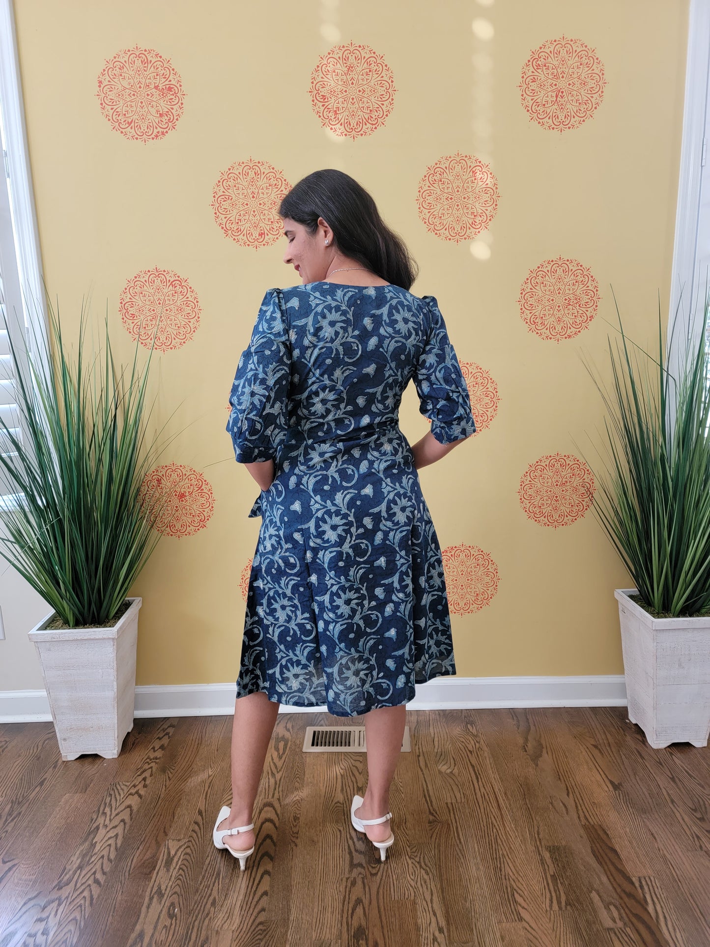 Handblock printed Wrap Dress - Indigo