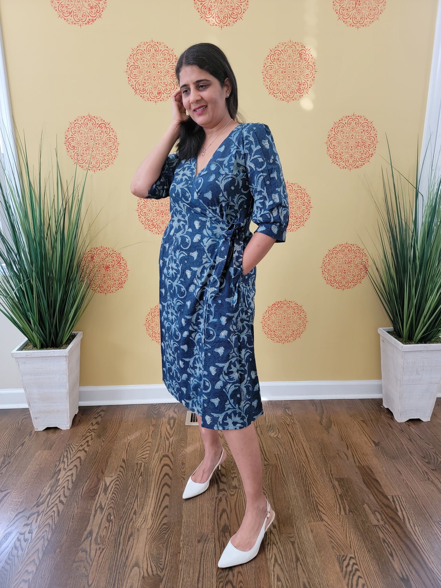 Handblock printed Wrap Dress - Indigo