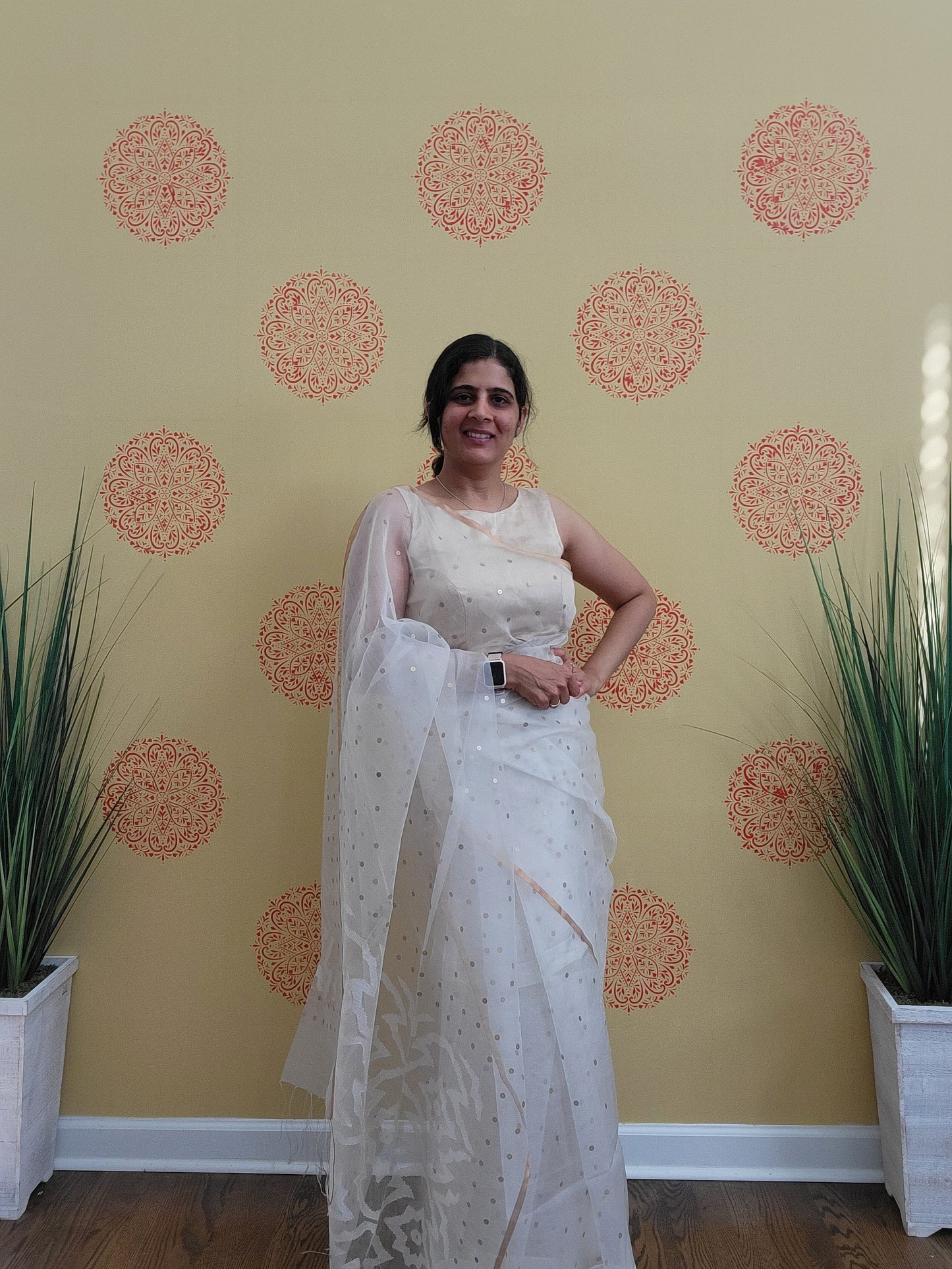 Size 36-40 Stitched Blouse - White Handwoven Muslin Jamdani