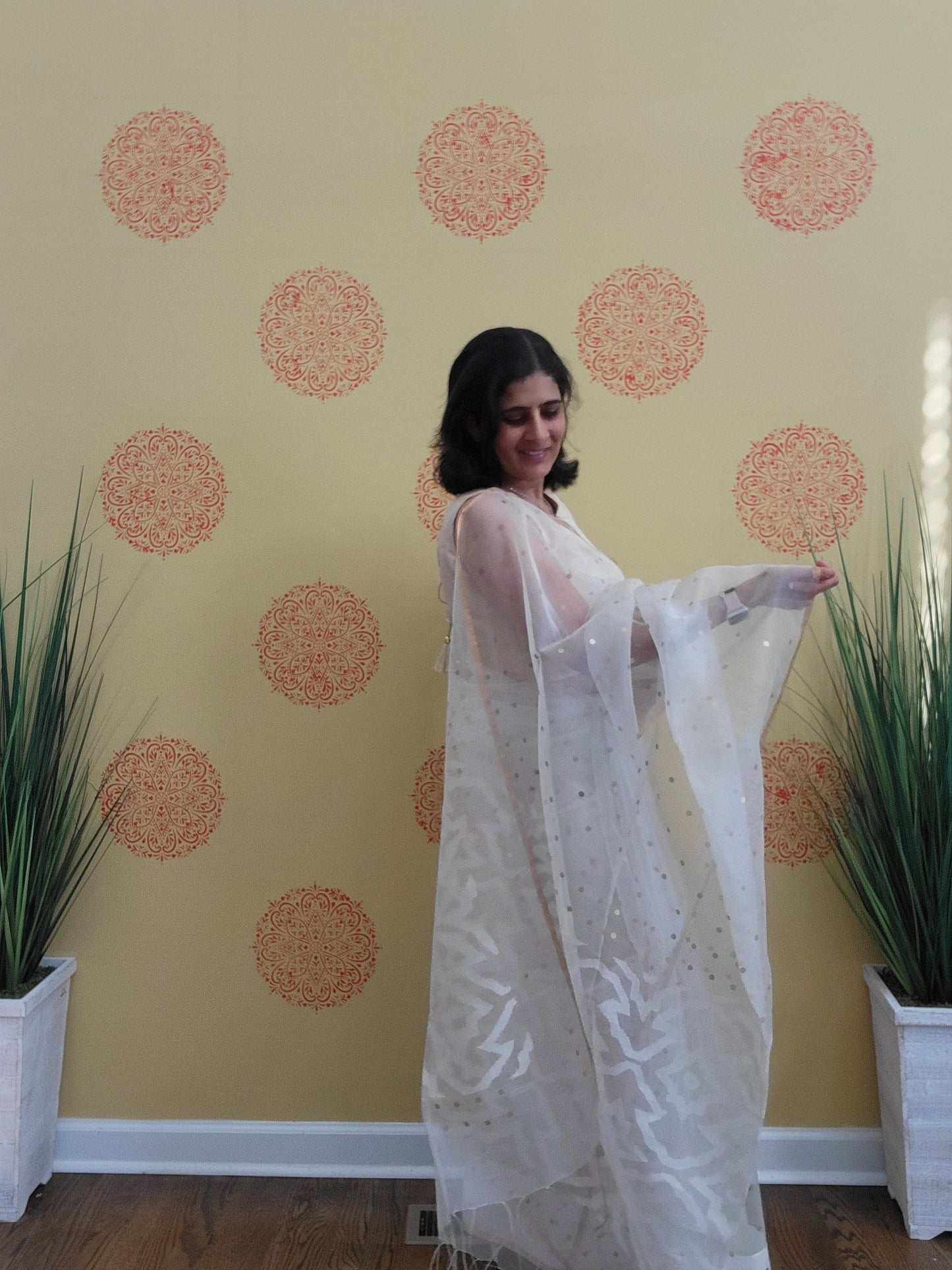 Size 36-40 Stitched Blouse - White Handwoven Muslin Jamdani