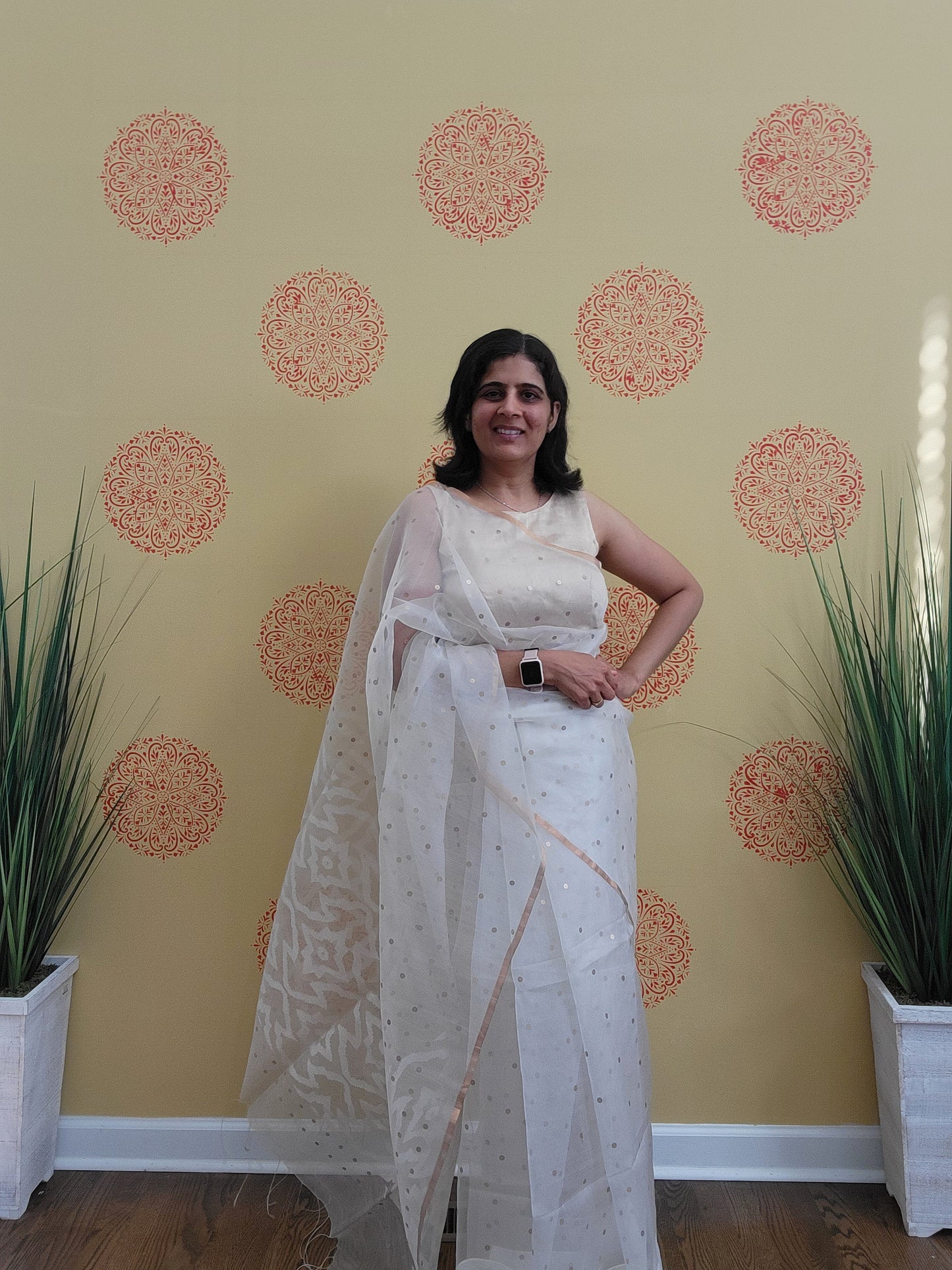Size 36-40 Stitched Blouse - White Handwoven Muslin Jamdani