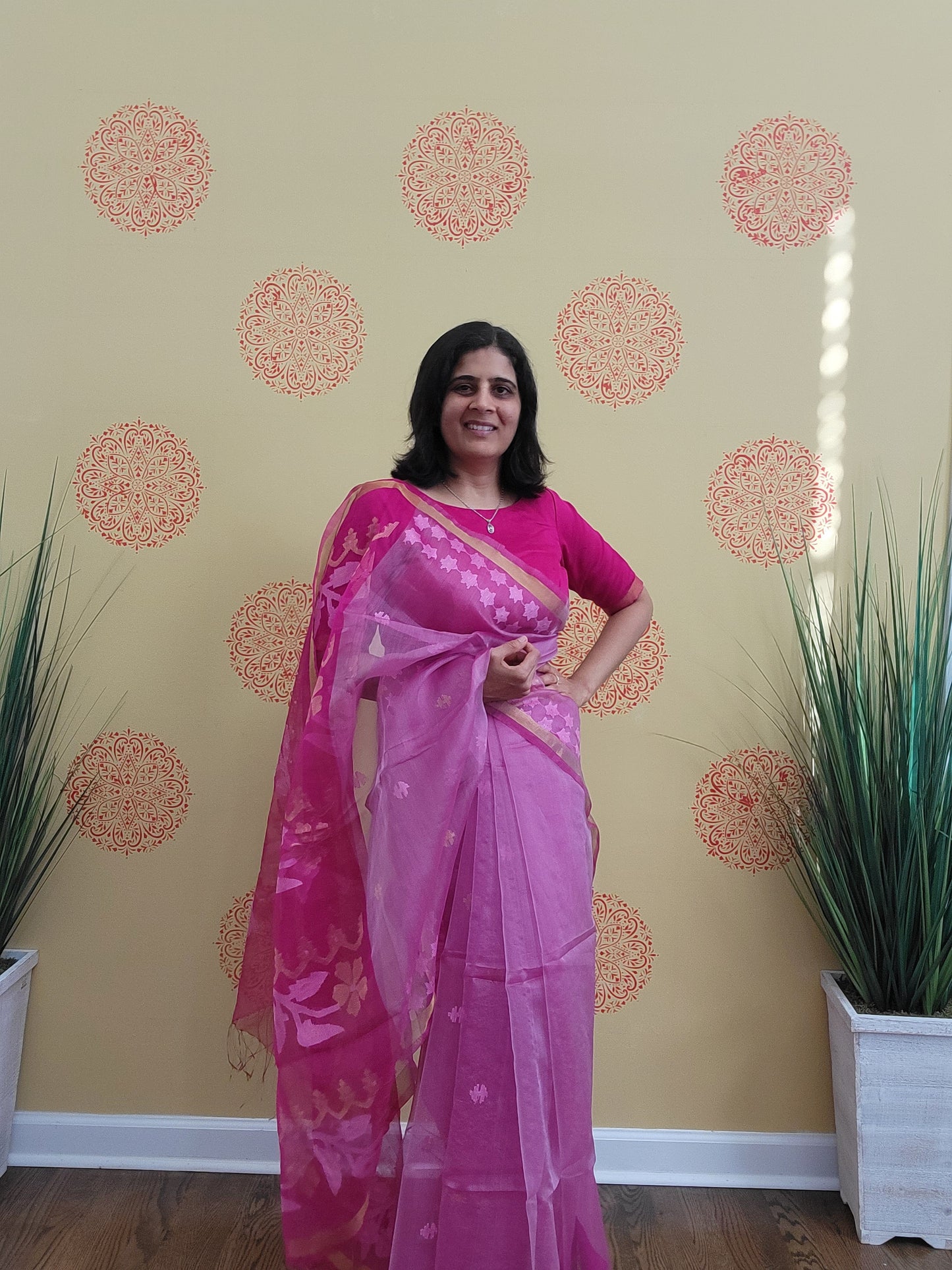 Size 36-40 Stitched Blouse - Pink Handwoven Jamdani on Muslin