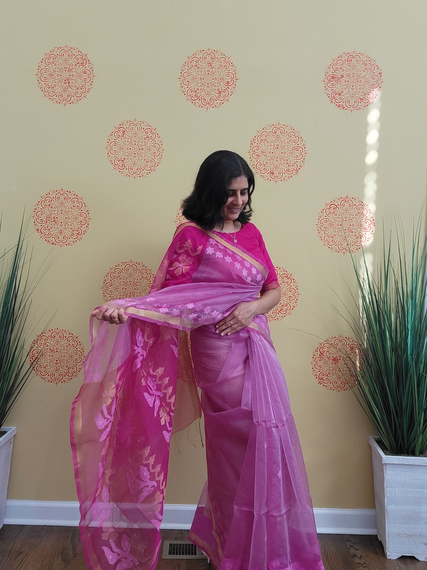 Size 36-40 Stitched Blouse - Pink Handwoven Jamdani on Muslin