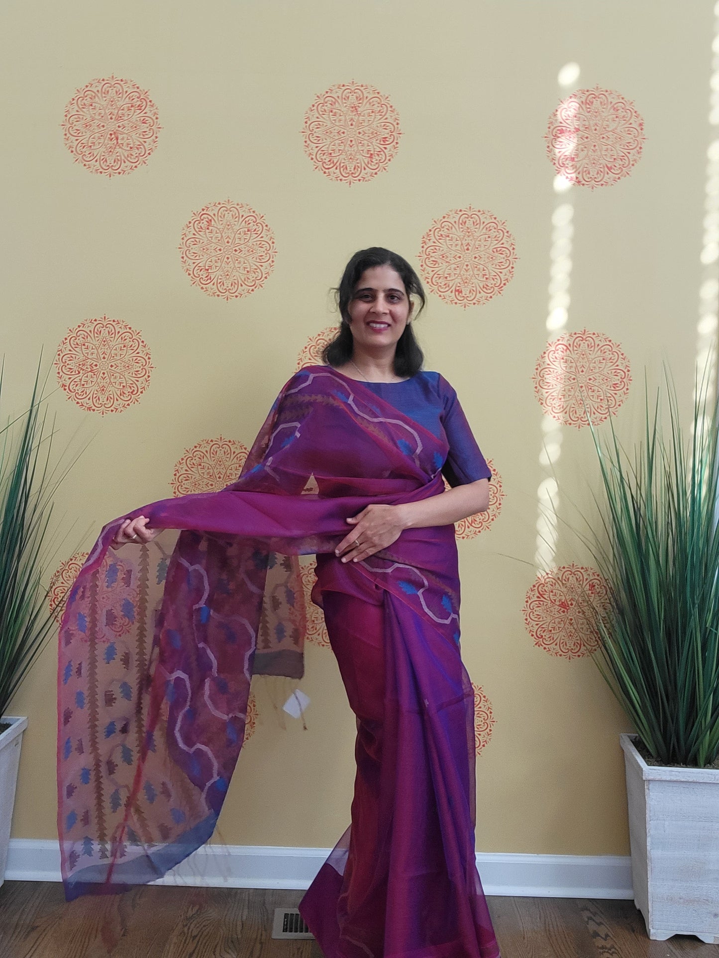 Size 36-40 Stitched Blouse - Purple Handwoven Muslin Jamdani