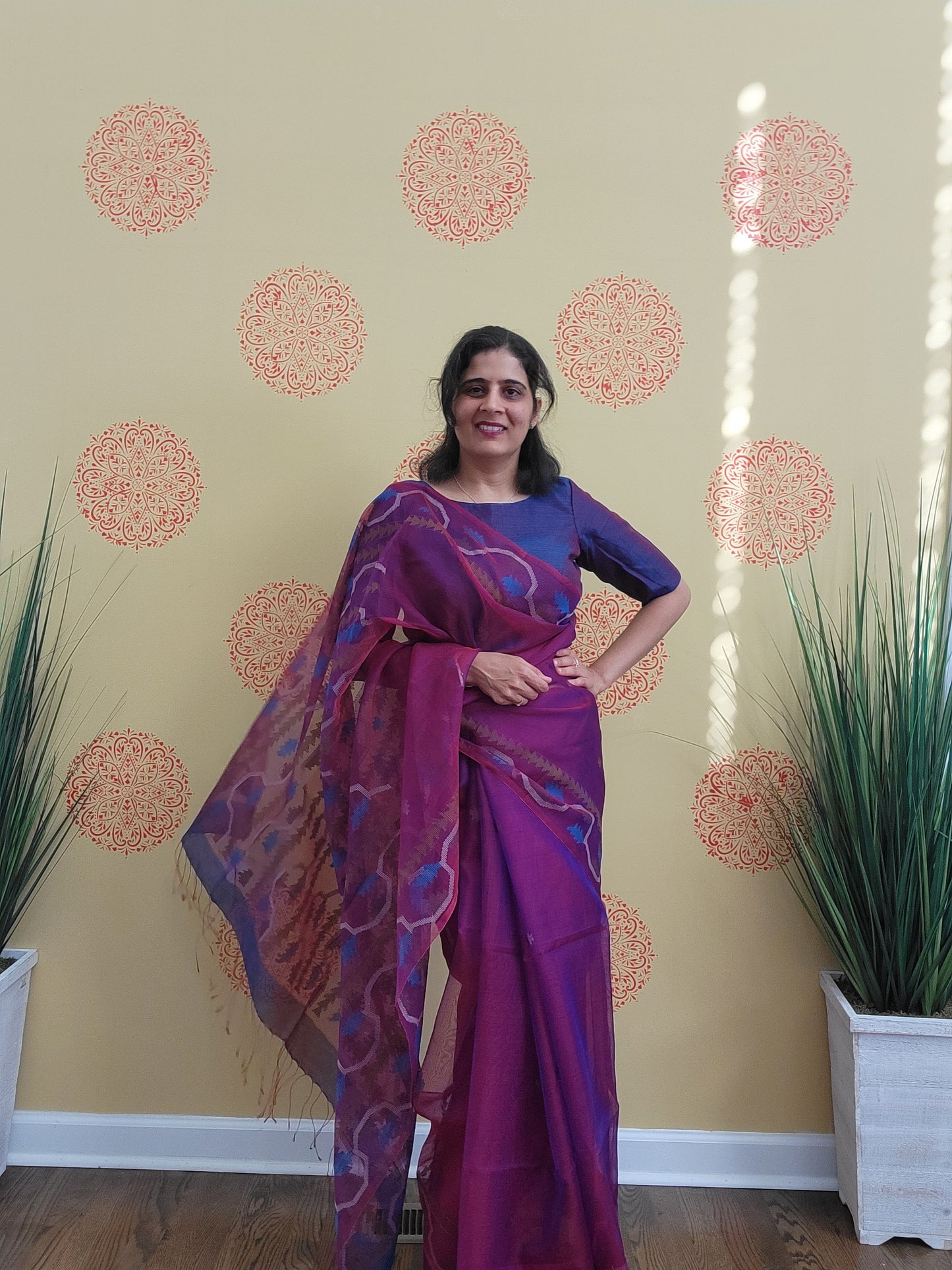 Size 36-40 Stitched Blouse - Purple Handwoven Muslin Jamdani