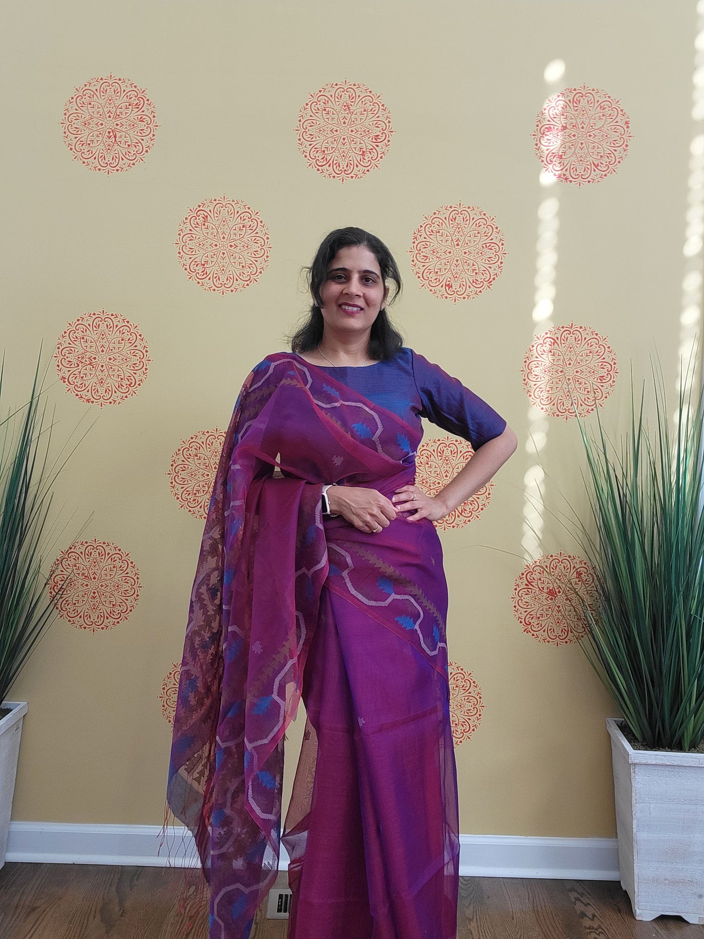 Size 36-40 Stitched Blouse - Purple Handwoven Muslin Jamdani
