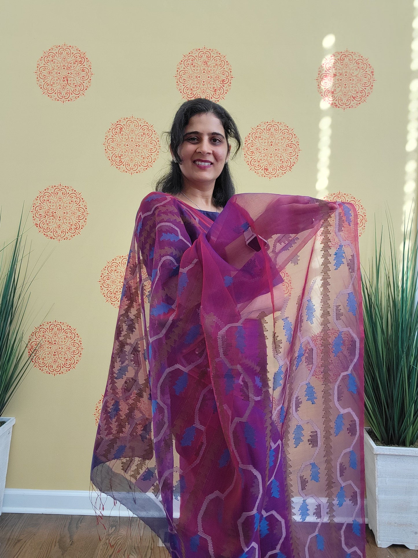 Size 36-40 Stitched Blouse - Purple Handwoven Muslin Jamdani