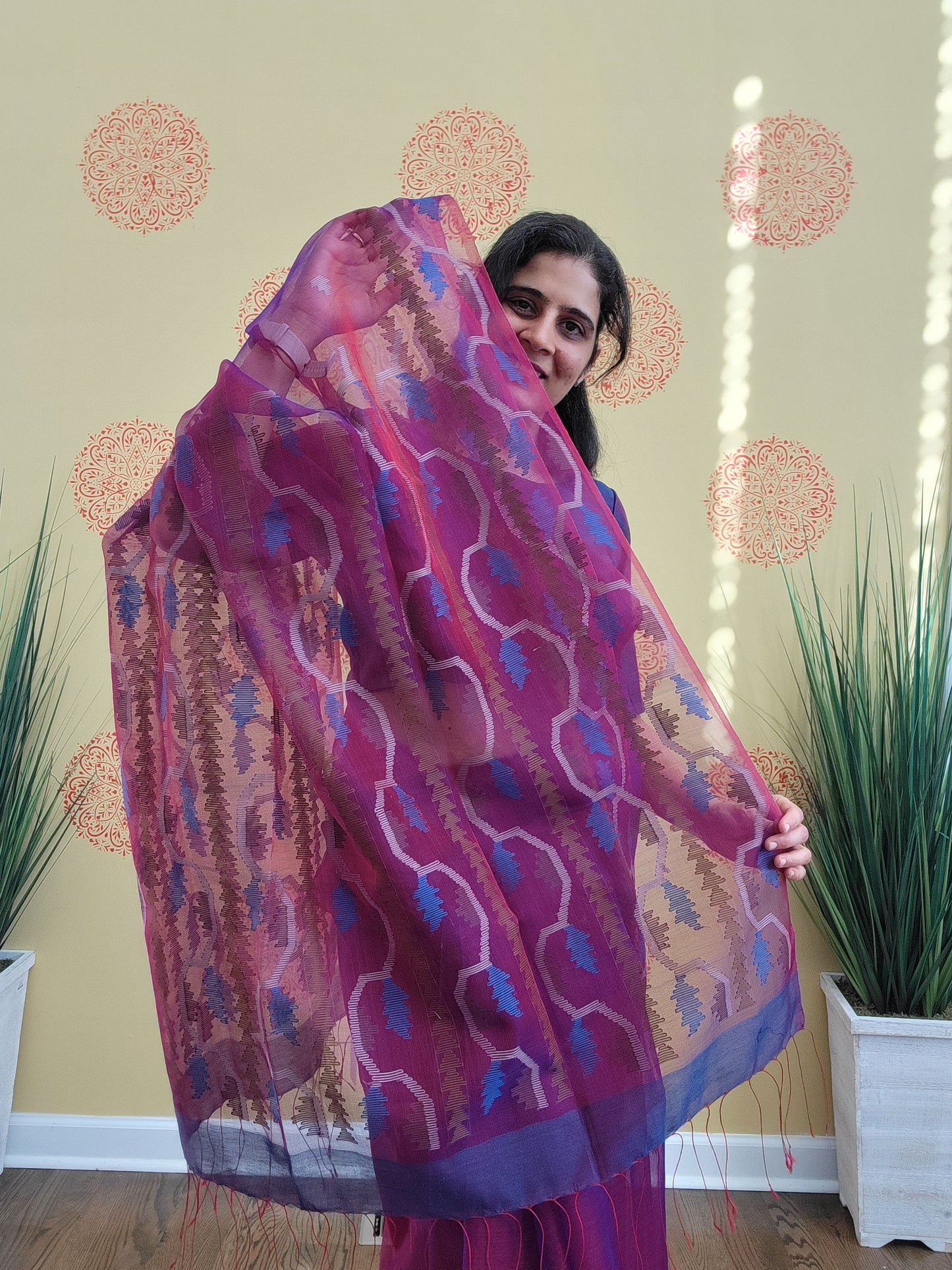 Size 36-40 Stitched Blouse - Purple Handwoven Muslin Jamdani