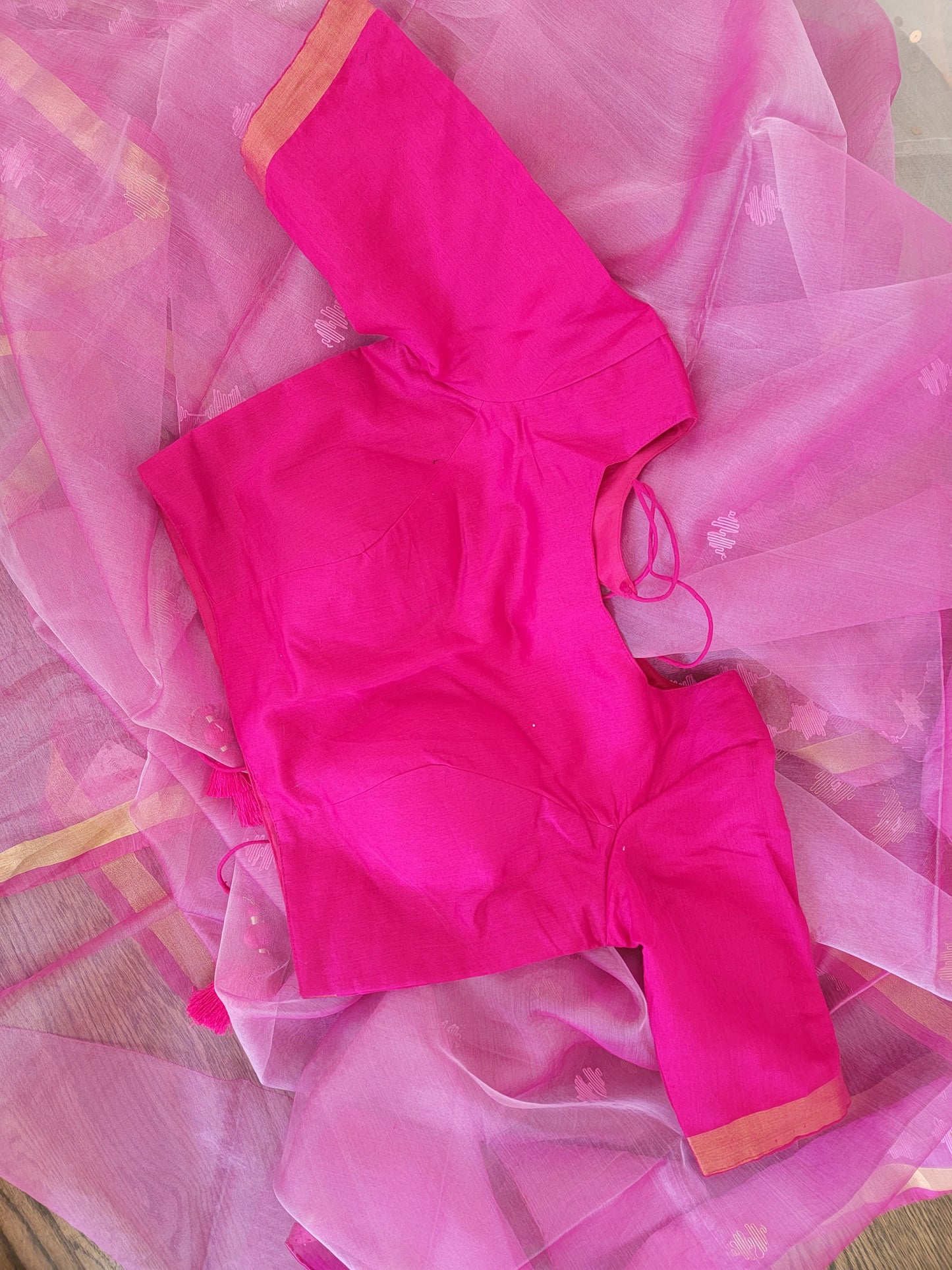 Size 36-40 Stitched Blouse - Pink Handwoven Jamdani on Muslin