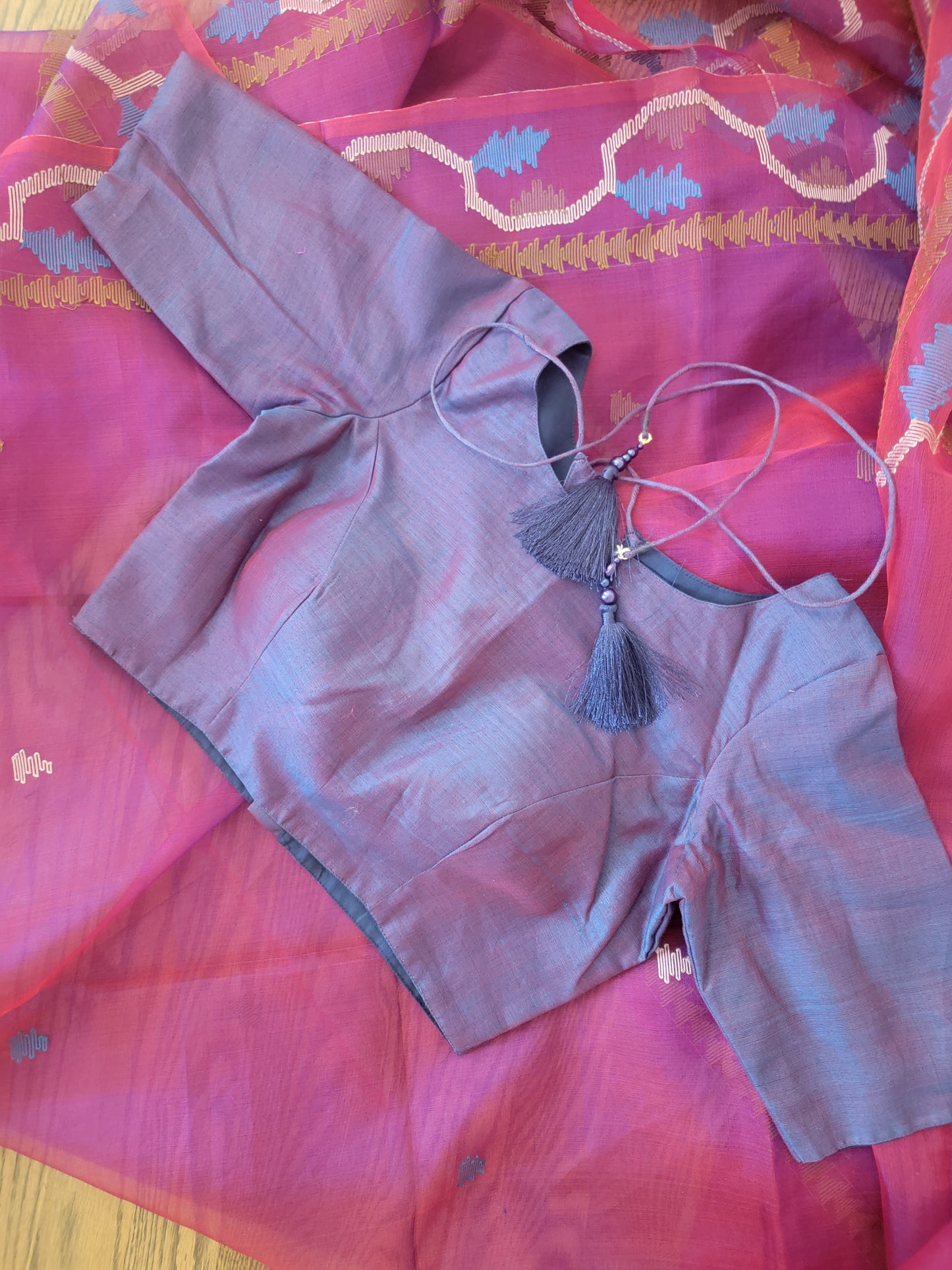 Size 36-40 Stitched Blouse - Purple Handwoven Muslin Jamdani