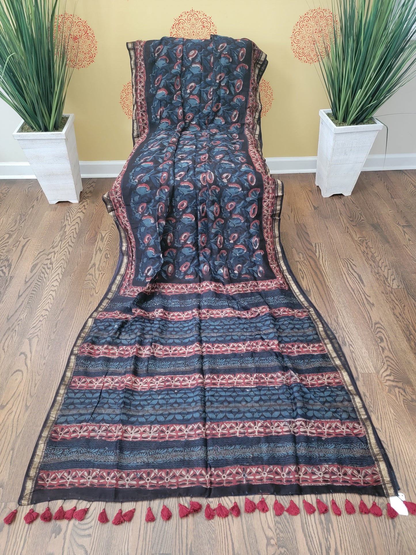Ajarakh Vegetable Color Dyed hand block printed Saree on Maheshwari Silk