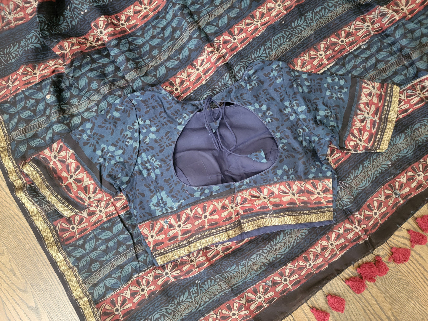 Ajarakh Vegetable Color Dyed hand block printed Saree on Maheshwari Silk