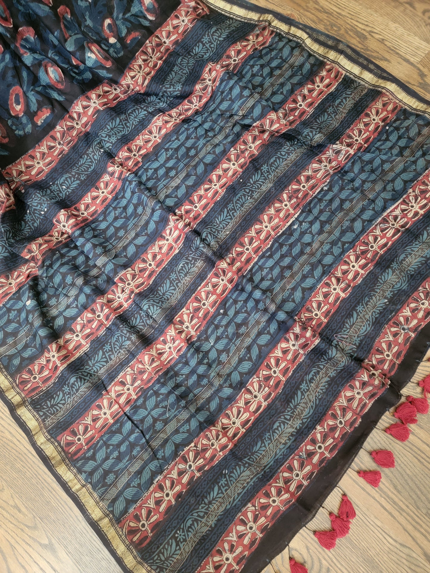 Ajarakh Vegetable Color Dyed hand block printed Saree on Maheshwari Silk