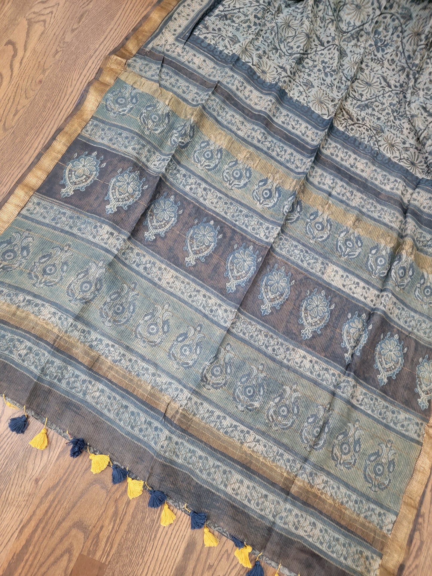 Ajarakh Vegetable Color Dyed hand block printed Saree on Maheshwari Silk