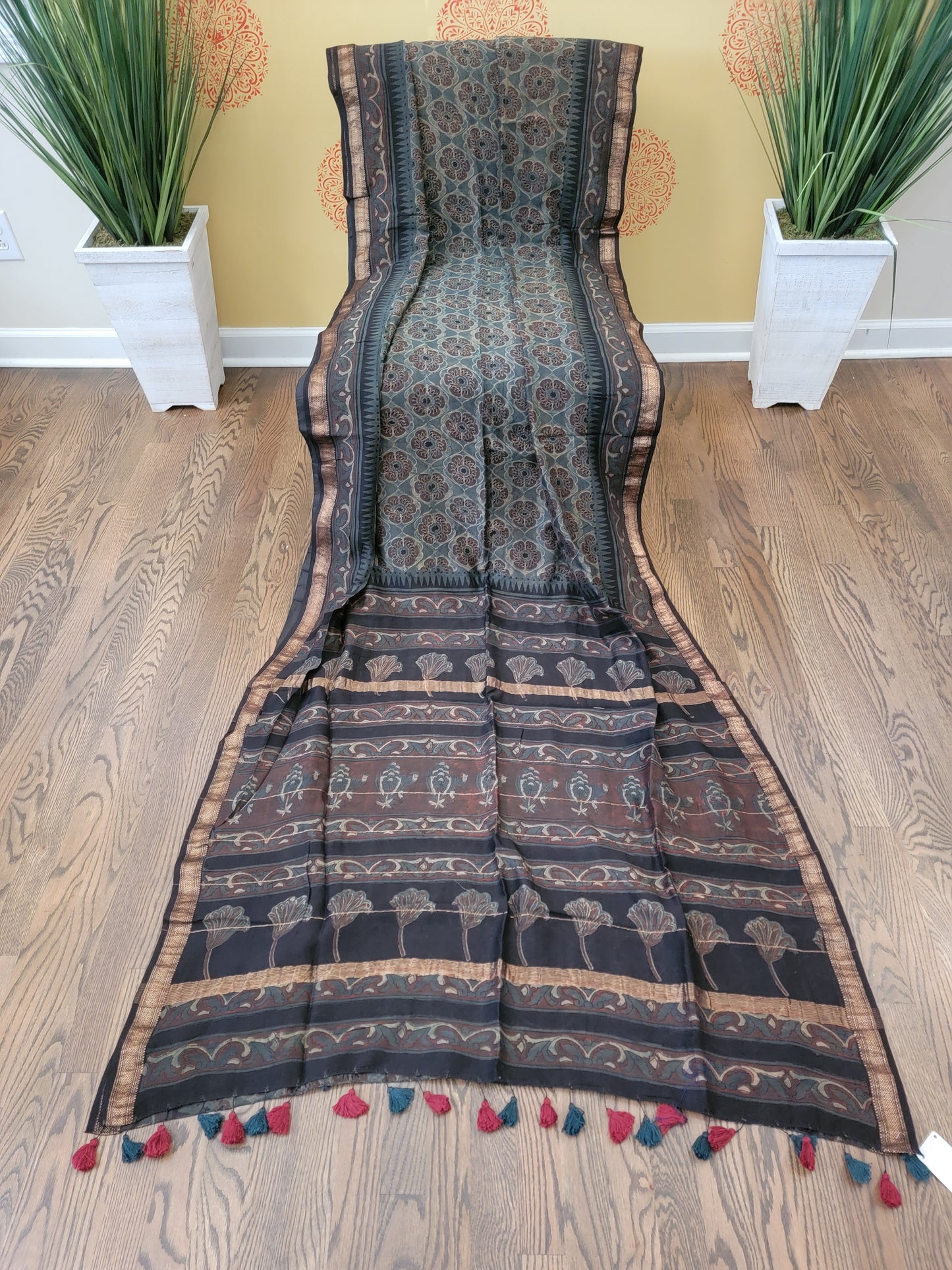Ajarakh Vegetable Color Dyed hand block printed Saree on Maheshwari Silk